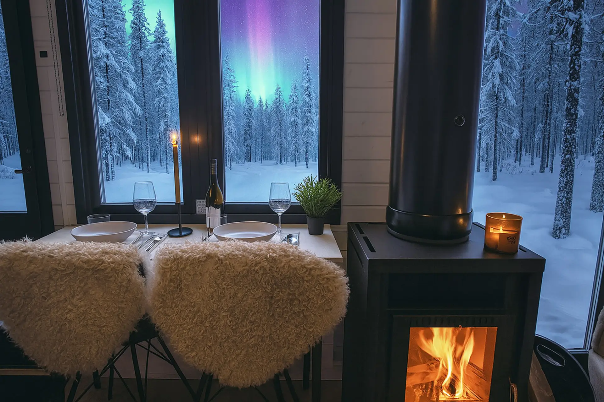 A magical winter dining view with northern lights