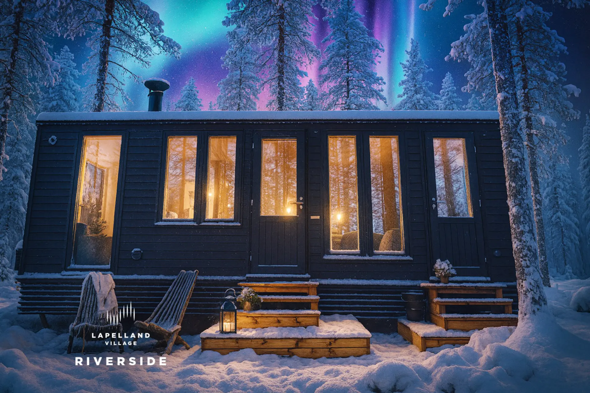 The cabin from the outside in winter.