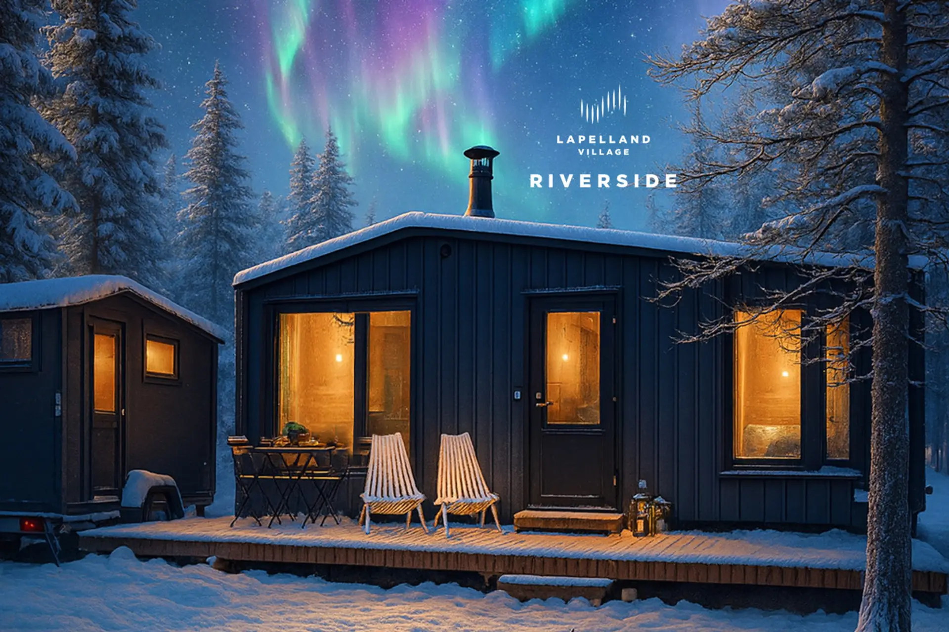 The cabin from the outside in winter.