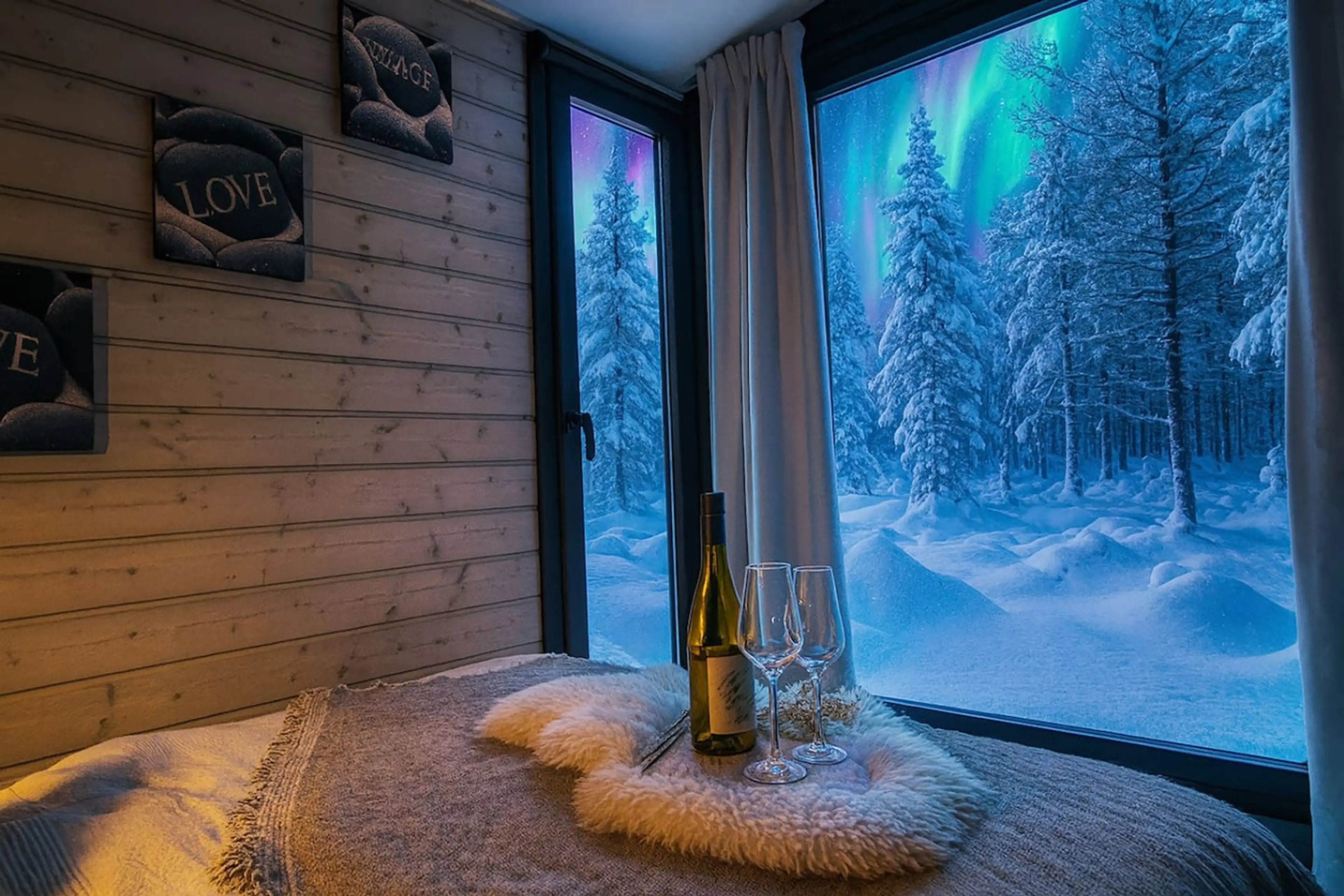 Cozy bedroom with forest view in winter