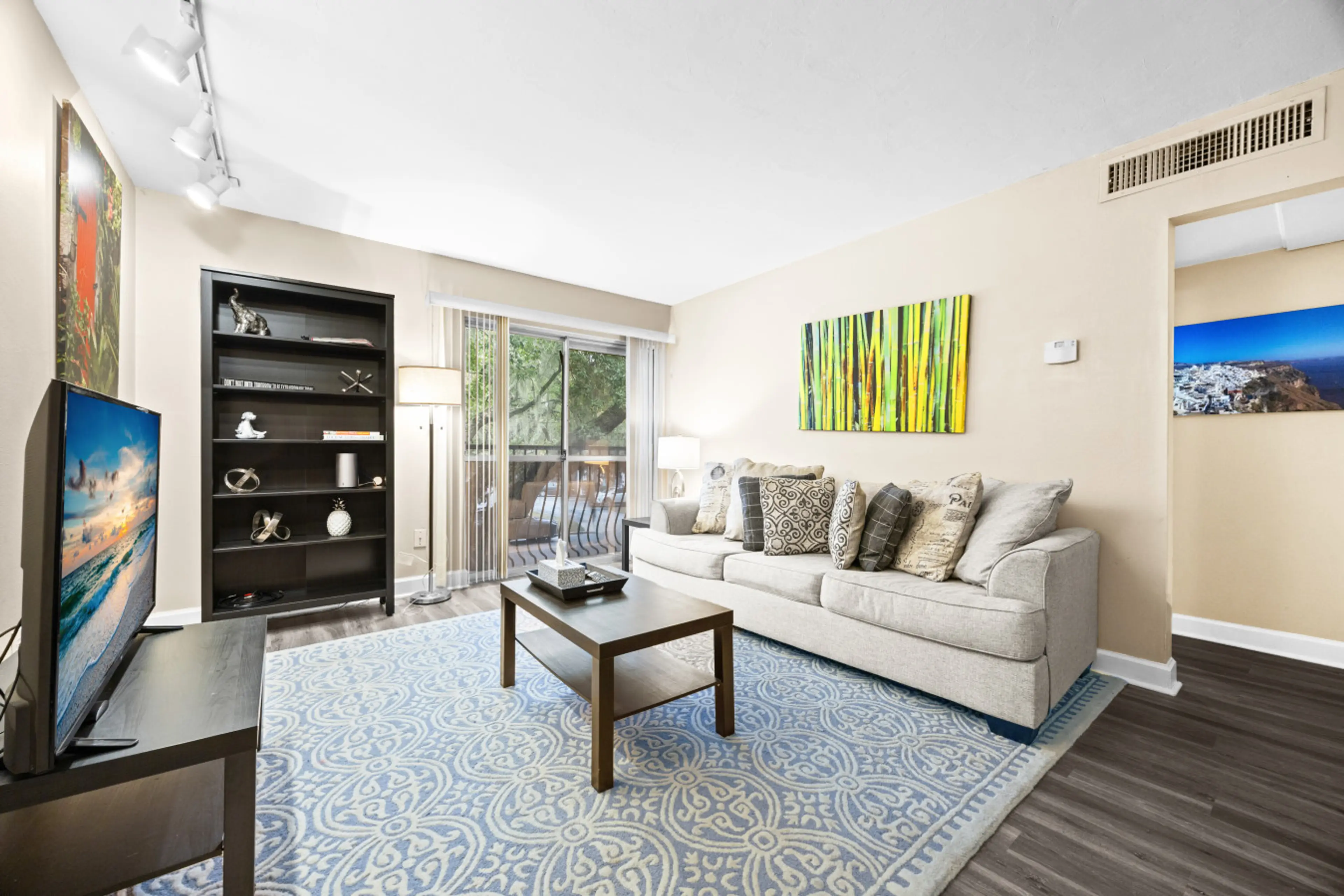 Comfortable living room with large screen TV