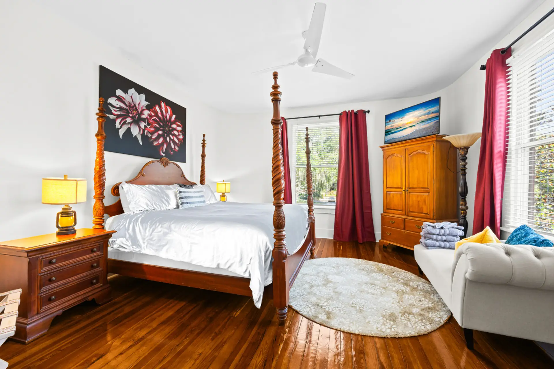 Beautiful king bedroom with closet, Couch, TV, & Dresser