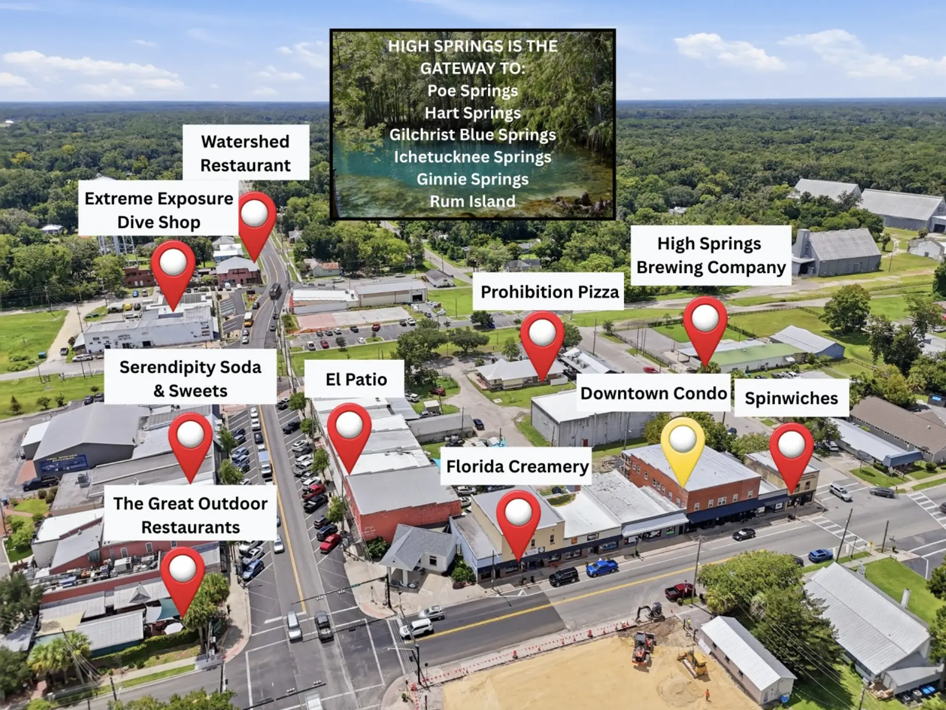 In the Heart of High Springs: Walk to restaurants, breweries, coffee, sweets, and shops, then take a short drive to Ginnie Springs, Ichetucknee Springs, Gilchrist Blue Springs, and more.
