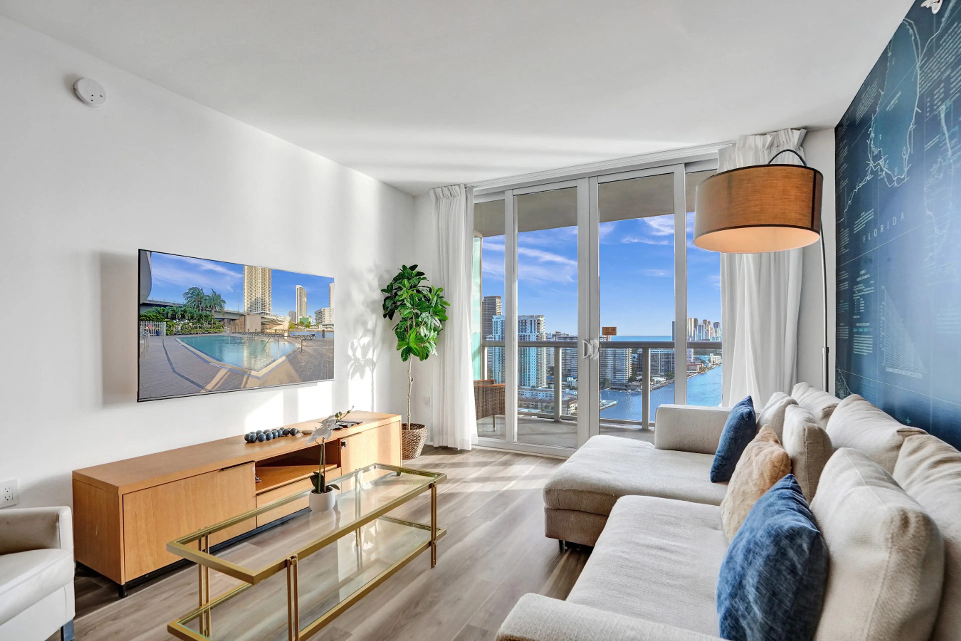 Living room with an Ocean and Canal View