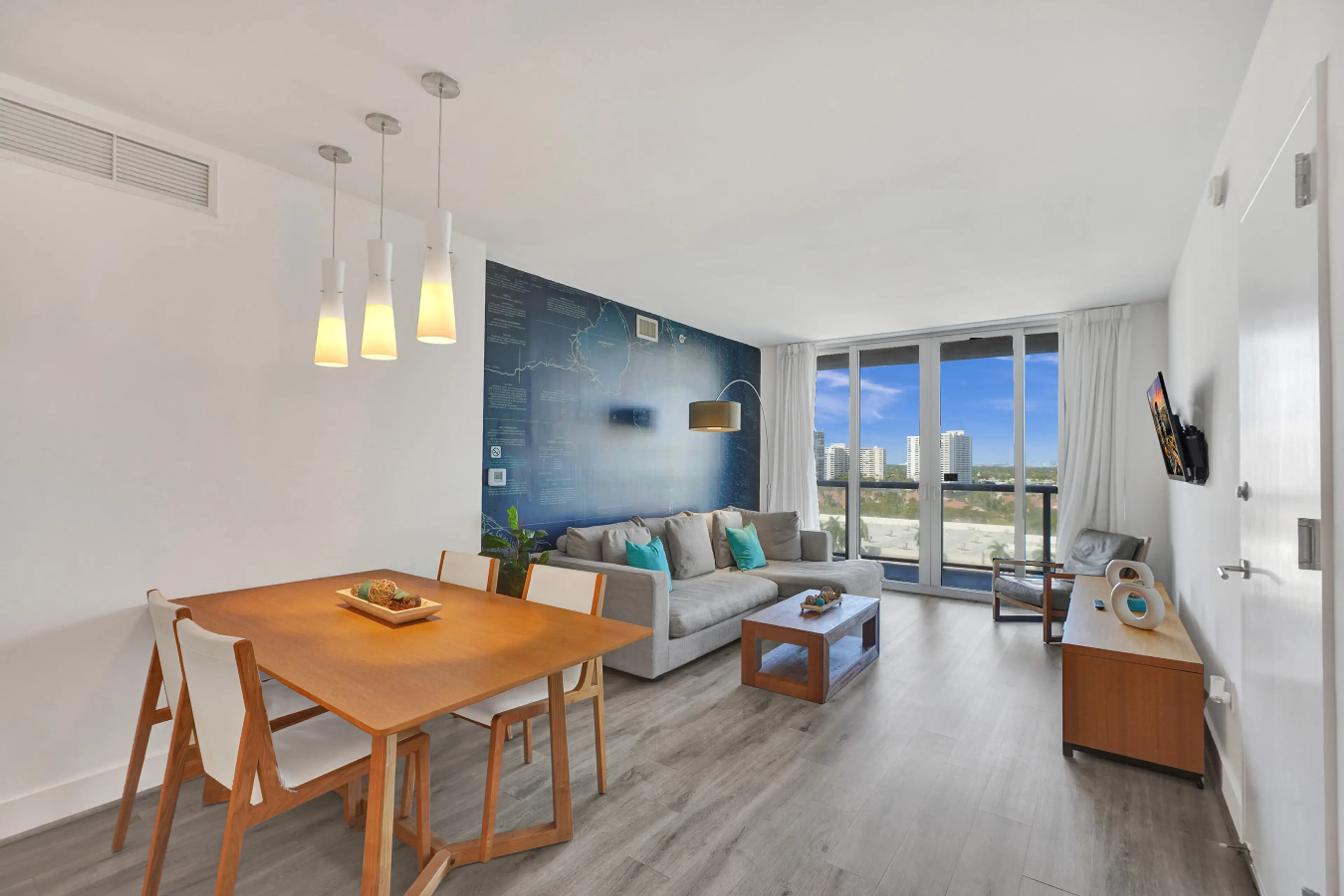 Open space living room with a city view