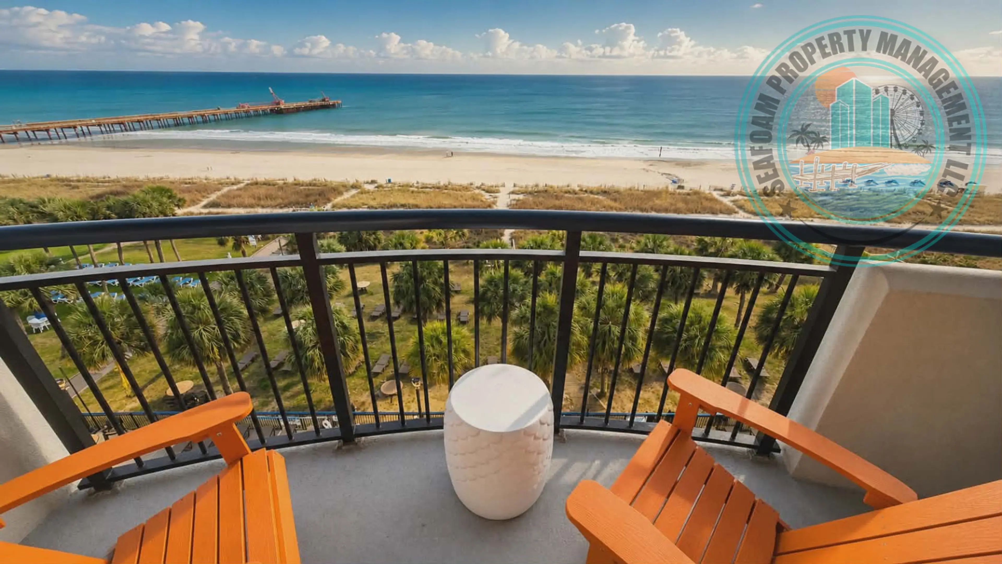 Private oceanfront balcony with direct beach and Atlantic views, plus a clear sightline to the nearby pier. Enjoy morning coffee at sunrise or unwind with evening ocean breezes from comfortable seating. A true Myrtle Beach beachfront experience right outs