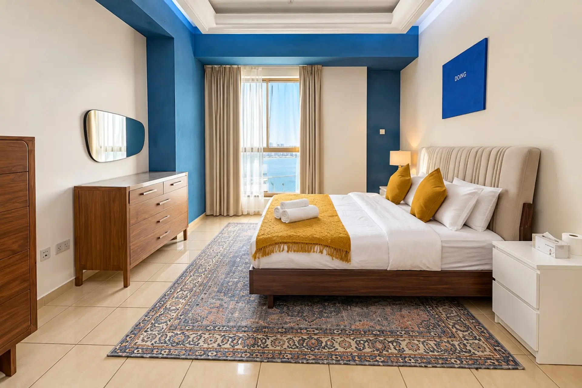 Bright Blue-Accented Hotel Bedroom