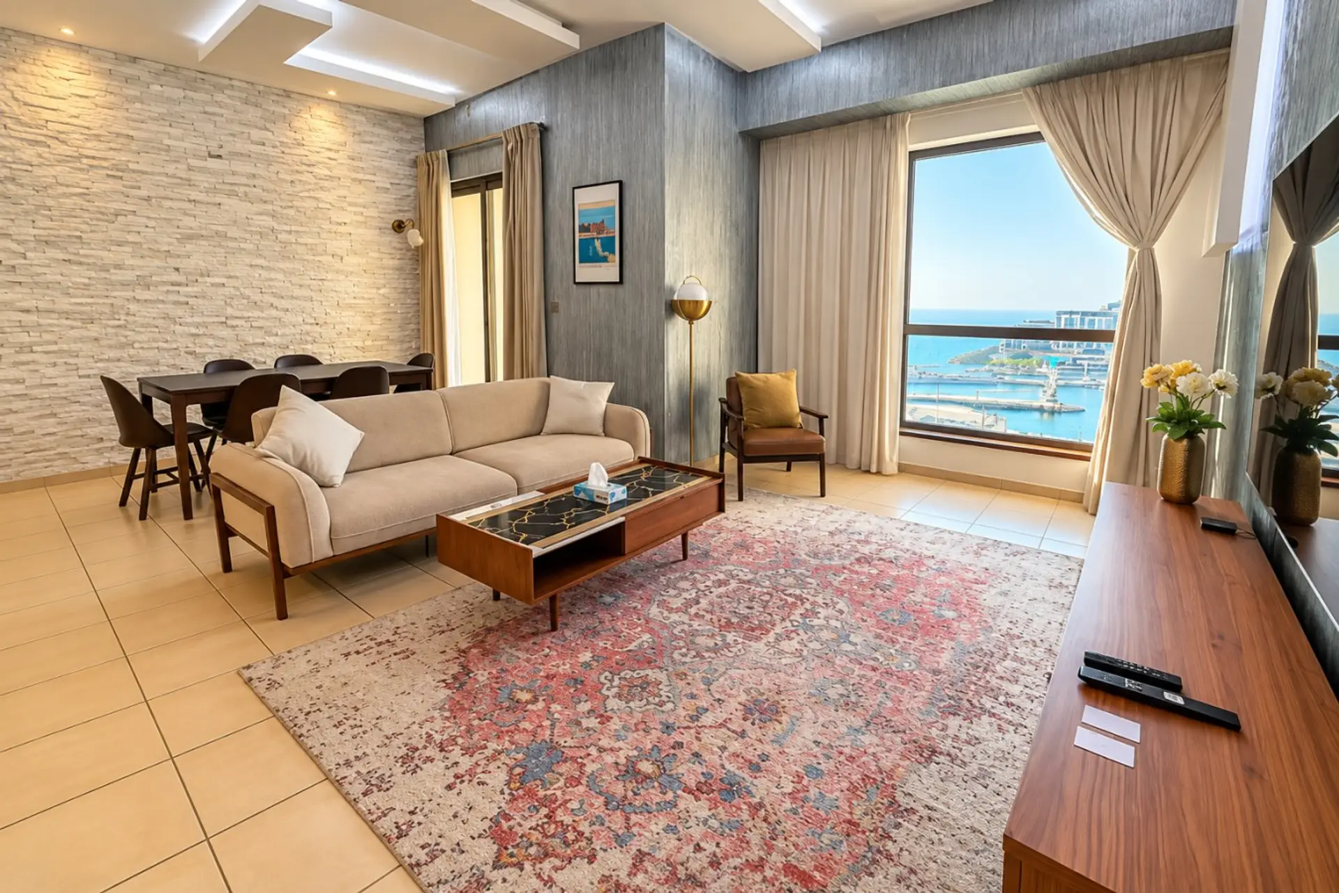 Modern Living Room with Marina View