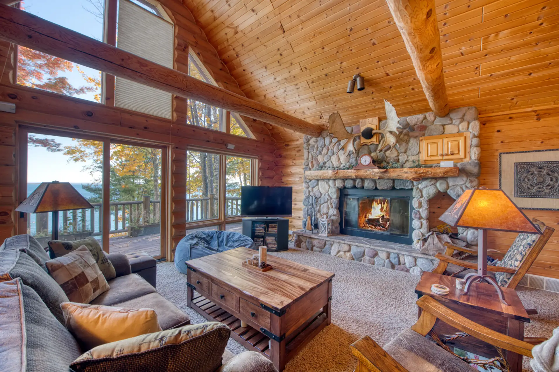 Great room with wood burning fireplace