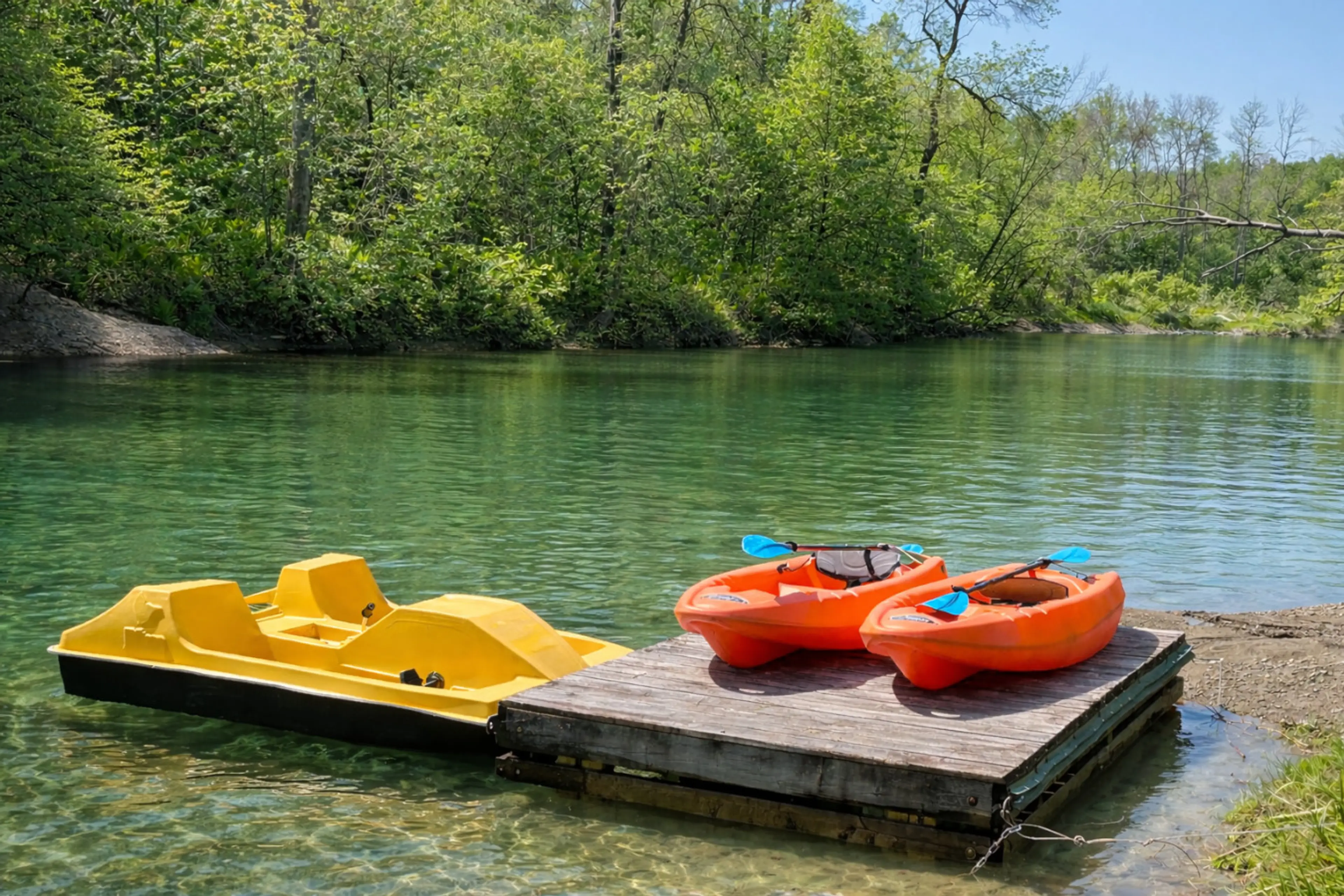 Kayaks and pedal boats are available to enjoy the river freely.