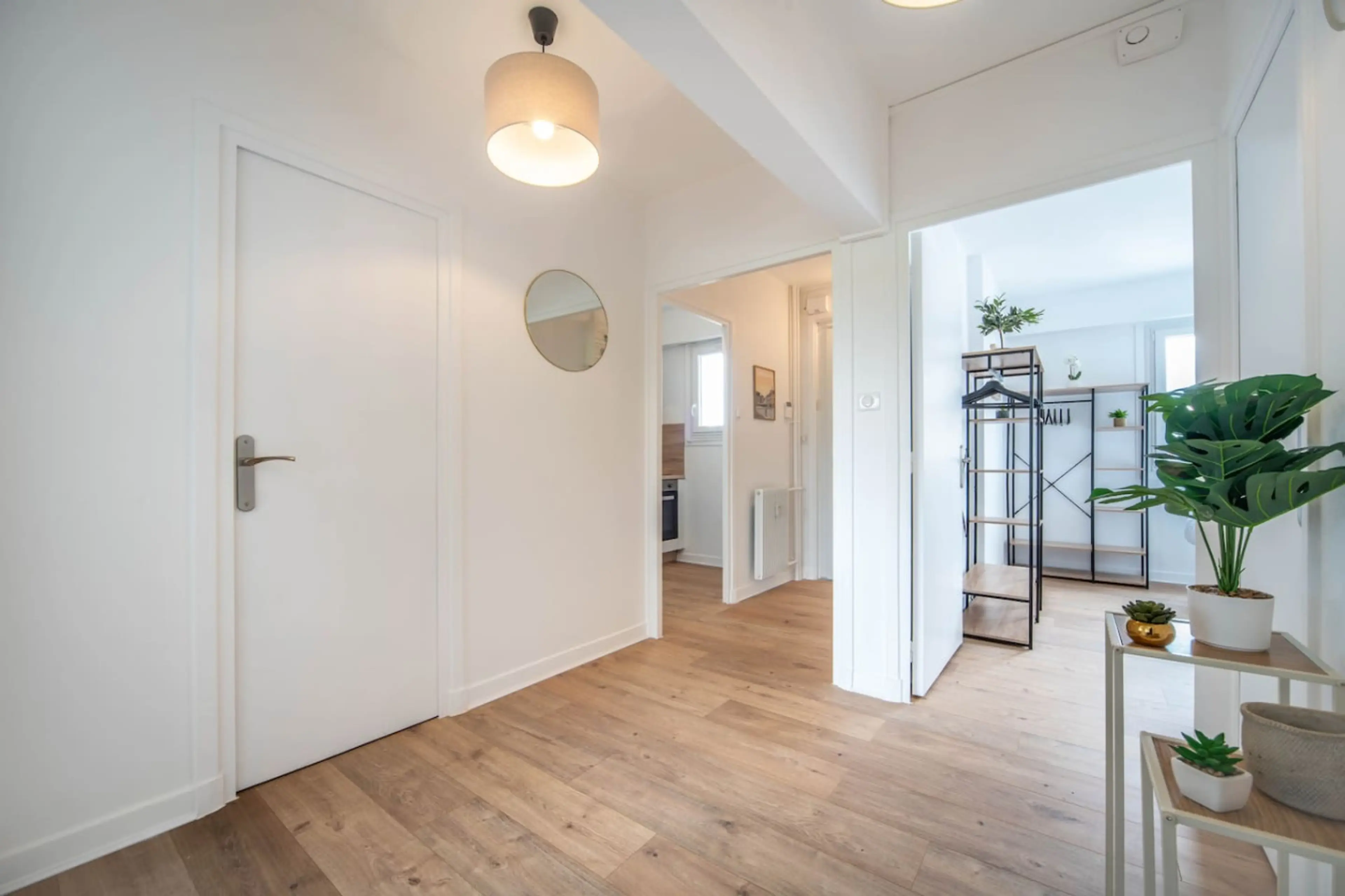 Entrée spacieuse et lumineuse avec parquet clair, portes blanches et plantes vertes pour une ambiance accueillante