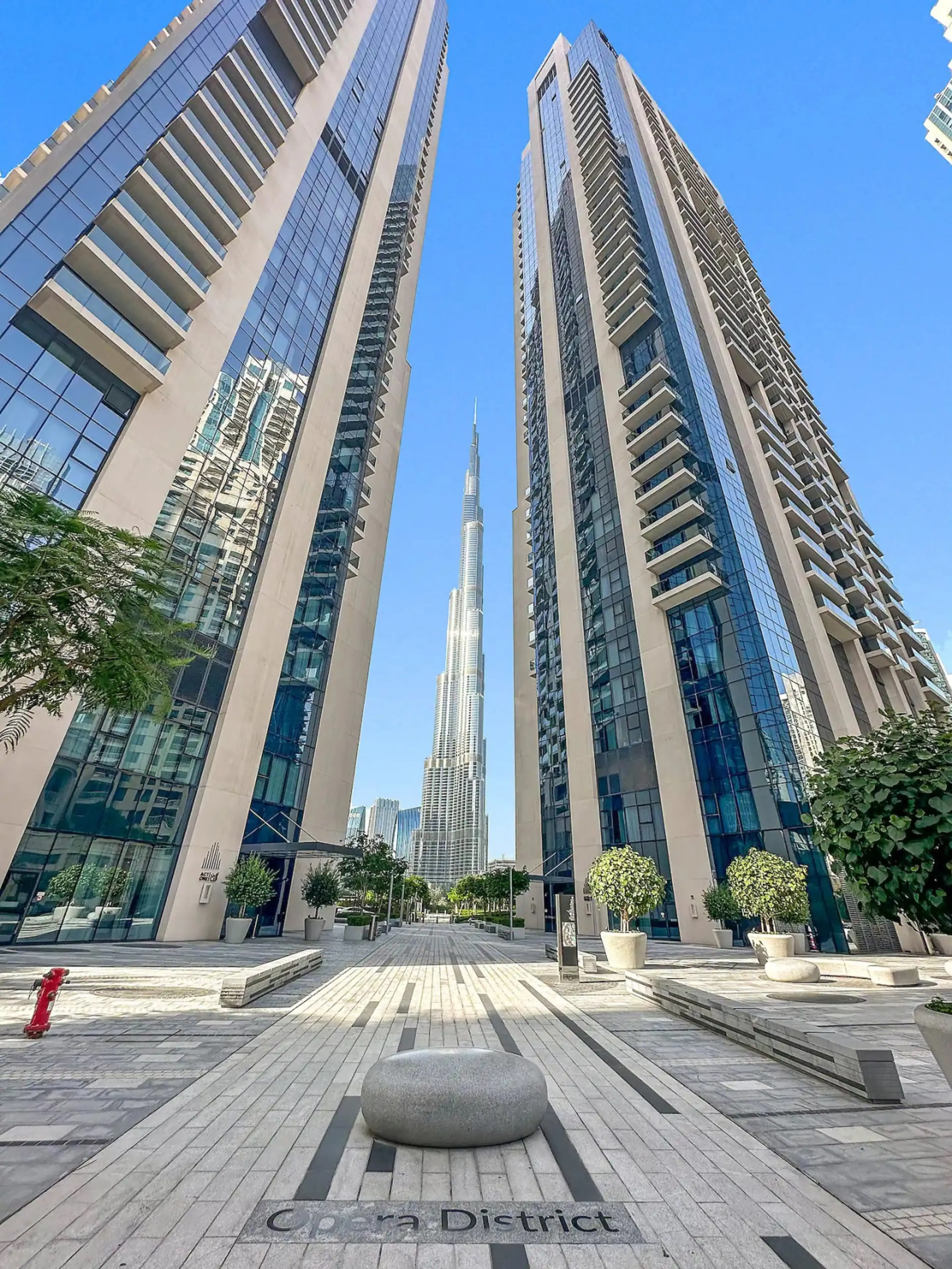 Urban Oasis: Experience breathtaking views of the iconic Burj Khalifa in vibrant Opera District!