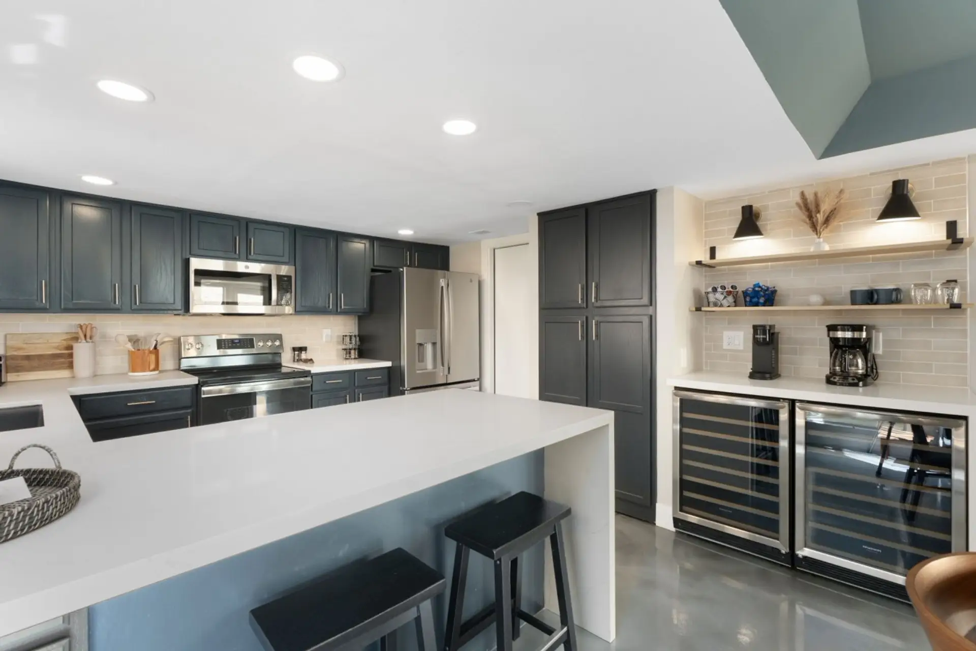 Spacious kitchen island with seating, perfect for casual meals, morning coffee, and conversation.