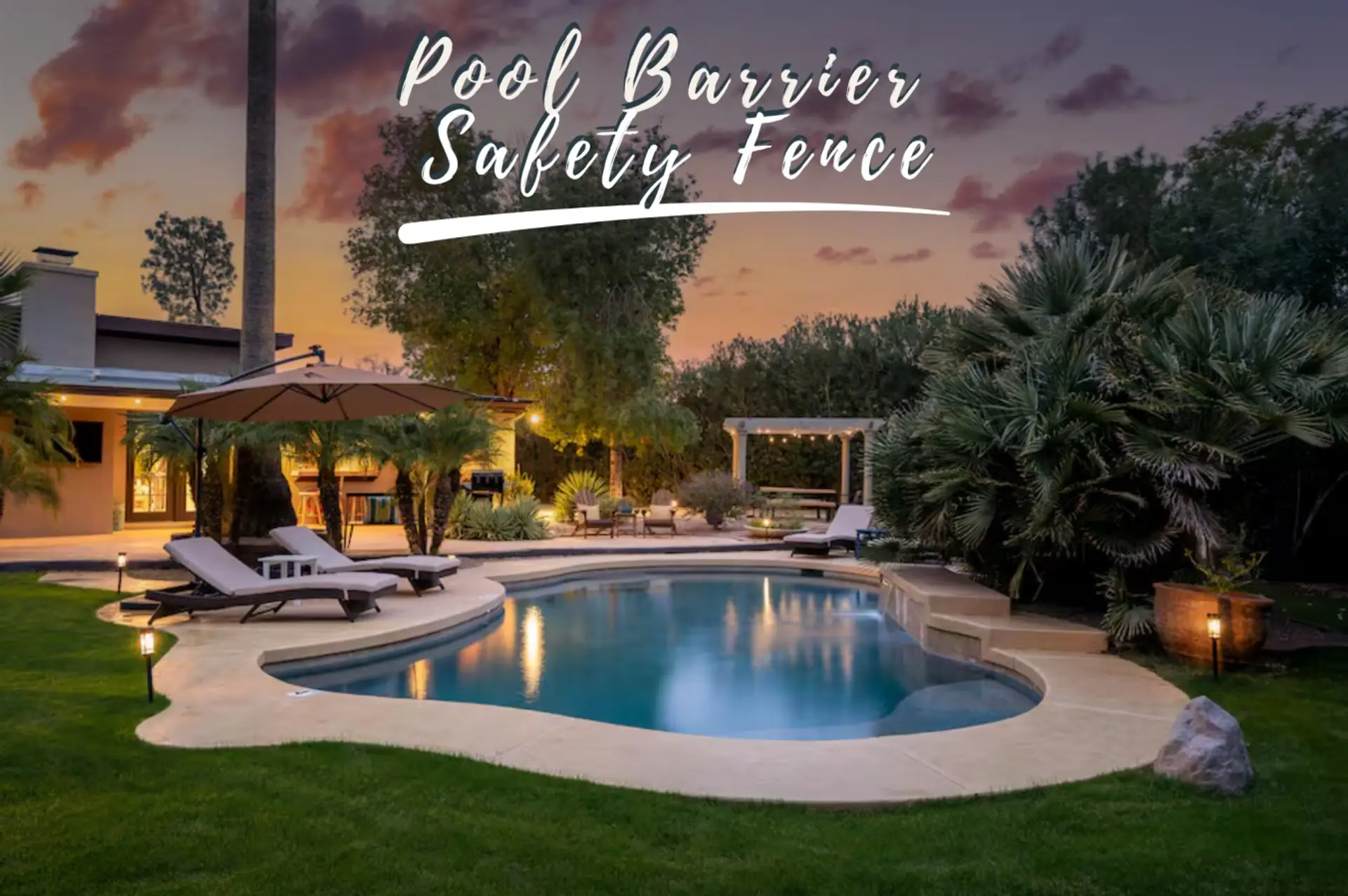 Large Heated Pool with Waterfall Feature (pool barrier safety fence)