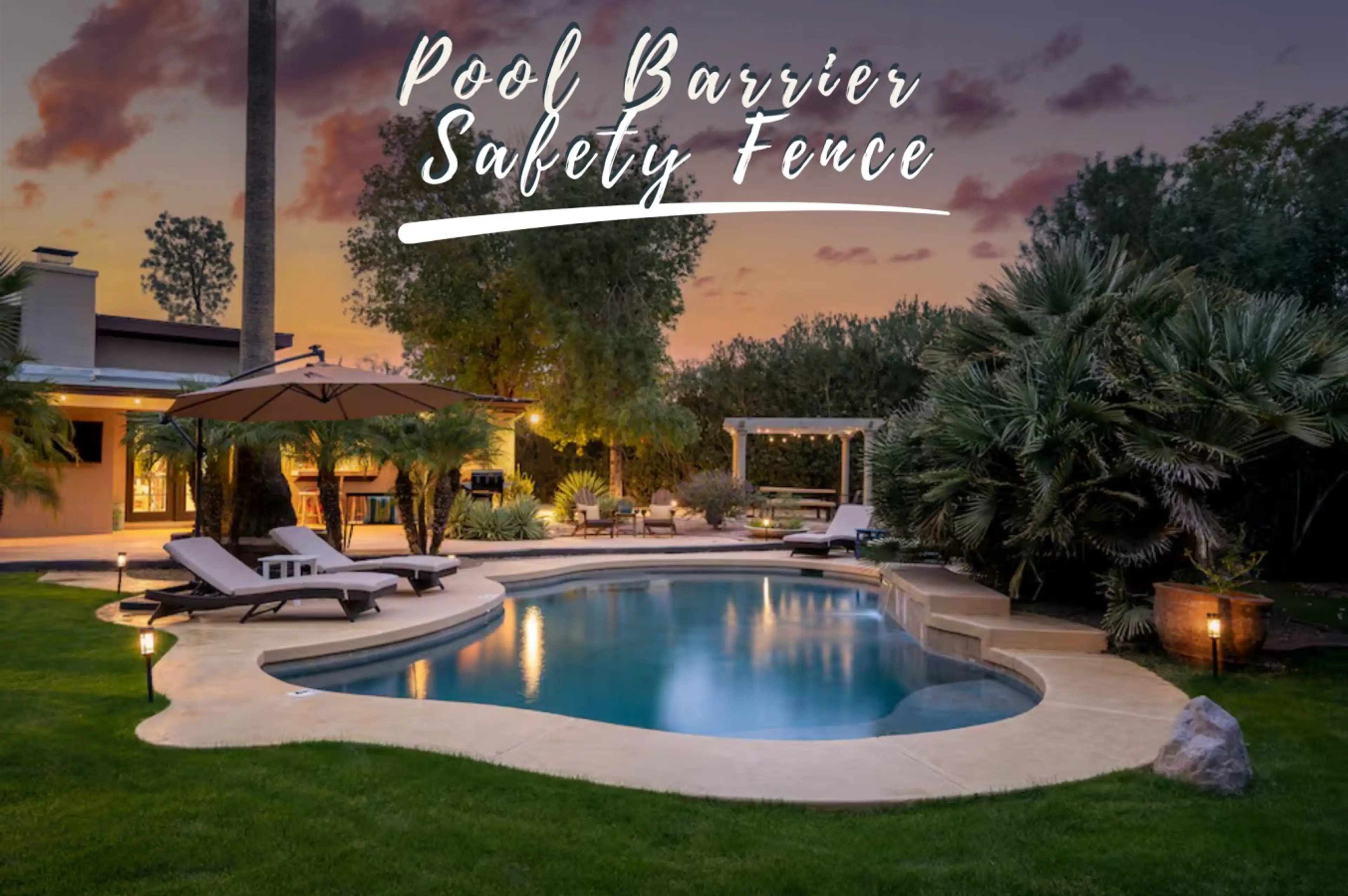 Large Heated Pool with Waterfall Feature (pool barrier safety fence)