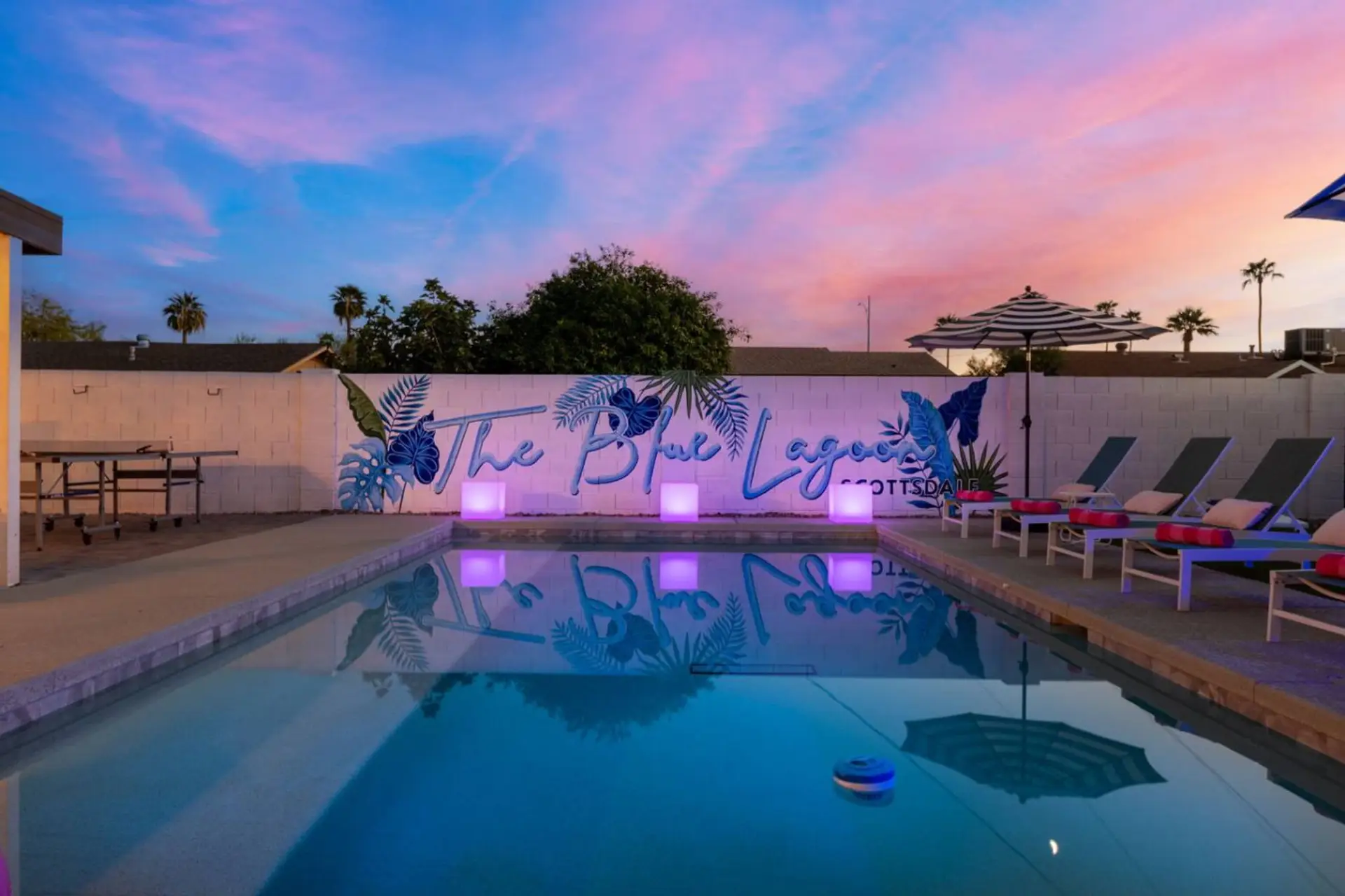 Spacious backyard retreat featuring a sparkling pool, comfortable loungers, and plenty of space to soak up the Arizona sunshine.