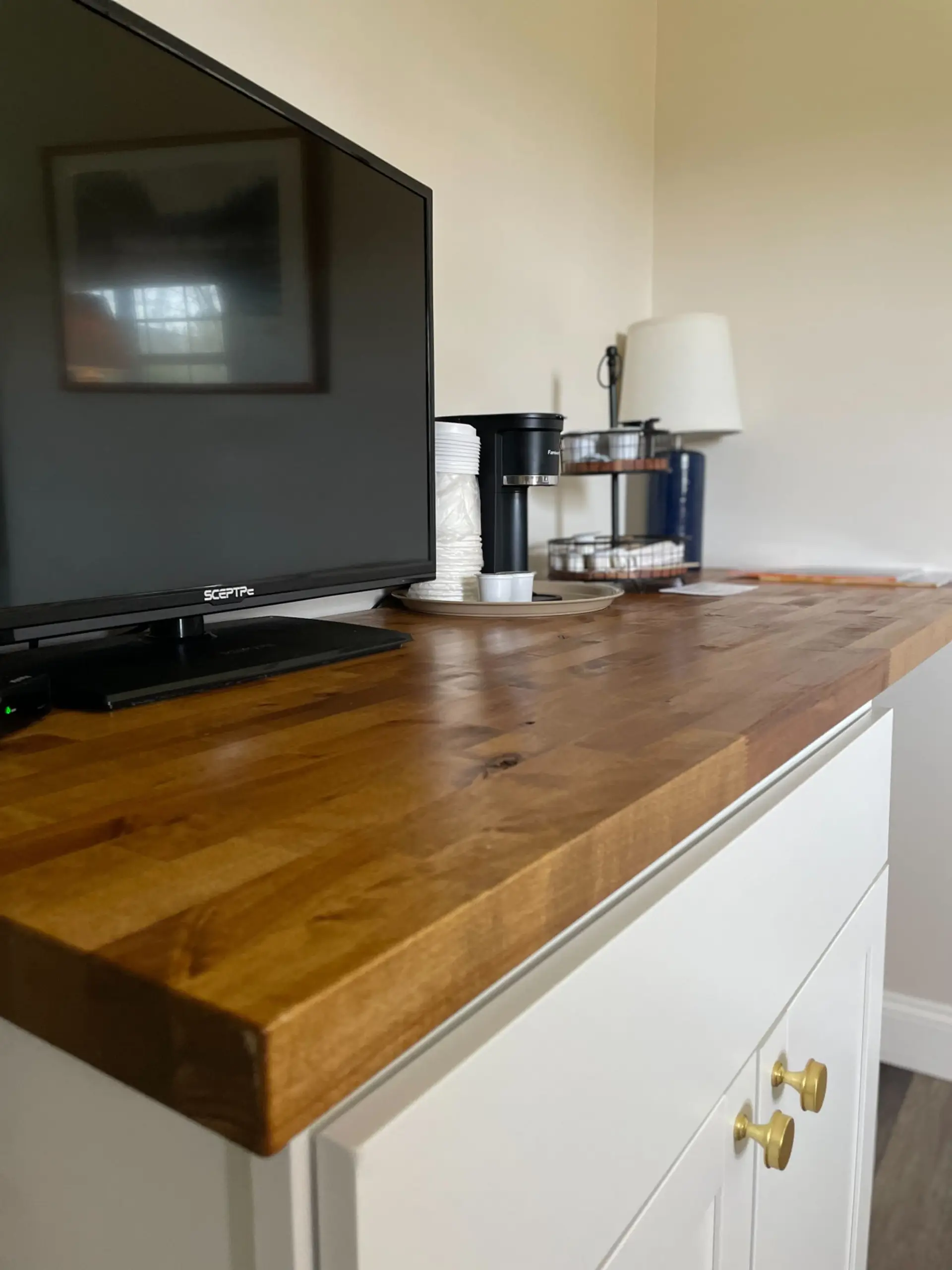 Enjoy the convenience of a TV and coffee maker in your room!