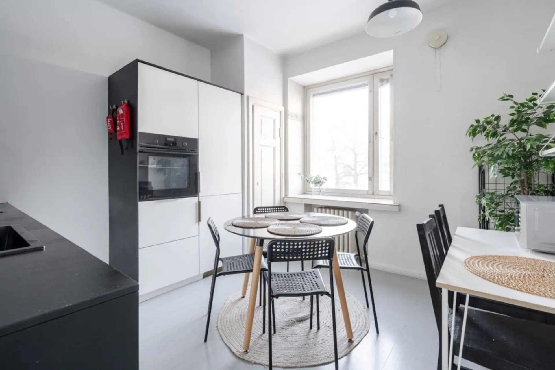Apartment kitchen that includes oven, microwave, stove, cooker hood, washing machine and a dishwasher for instance