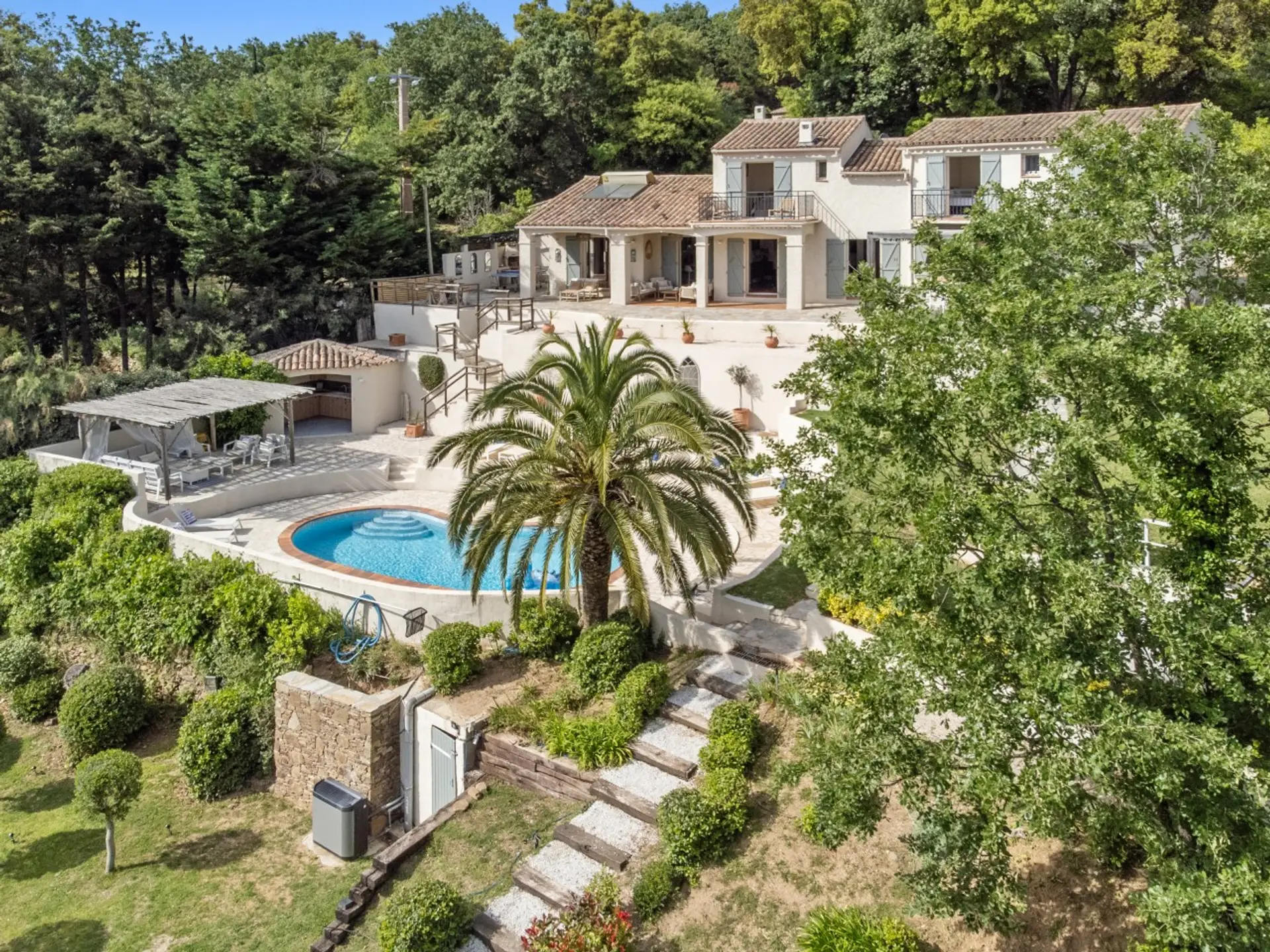 Property building, pool lounge, garden, terraces