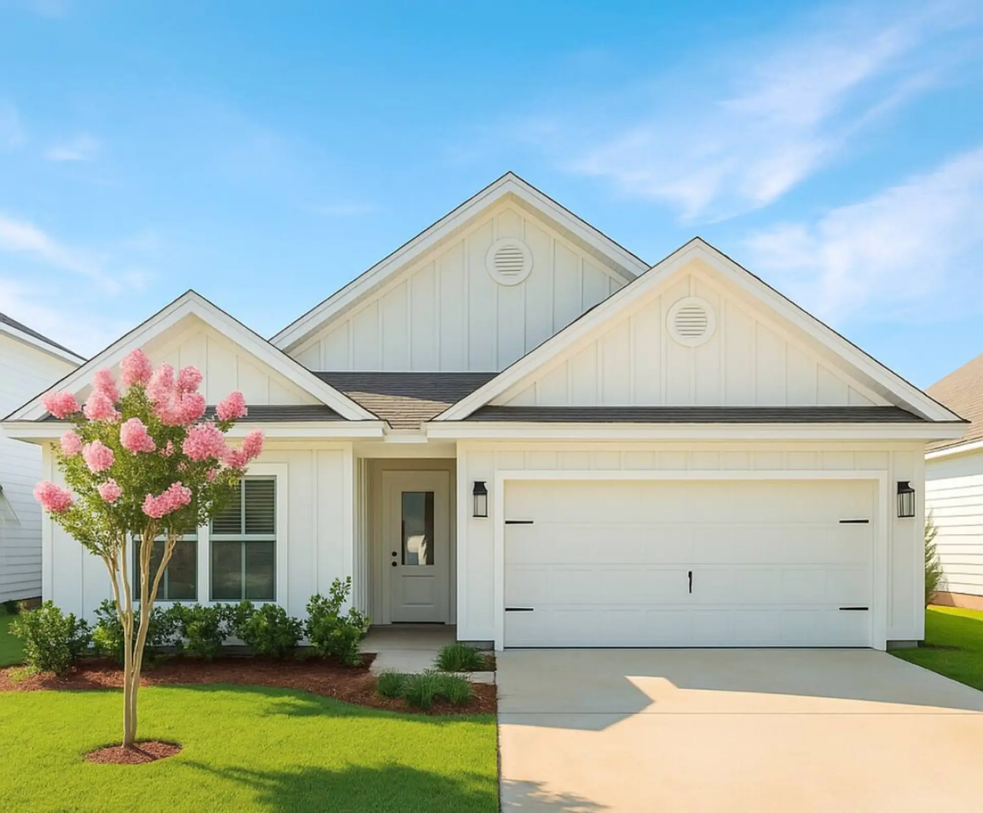 Modern white farmhouse with pink crepe myrtle