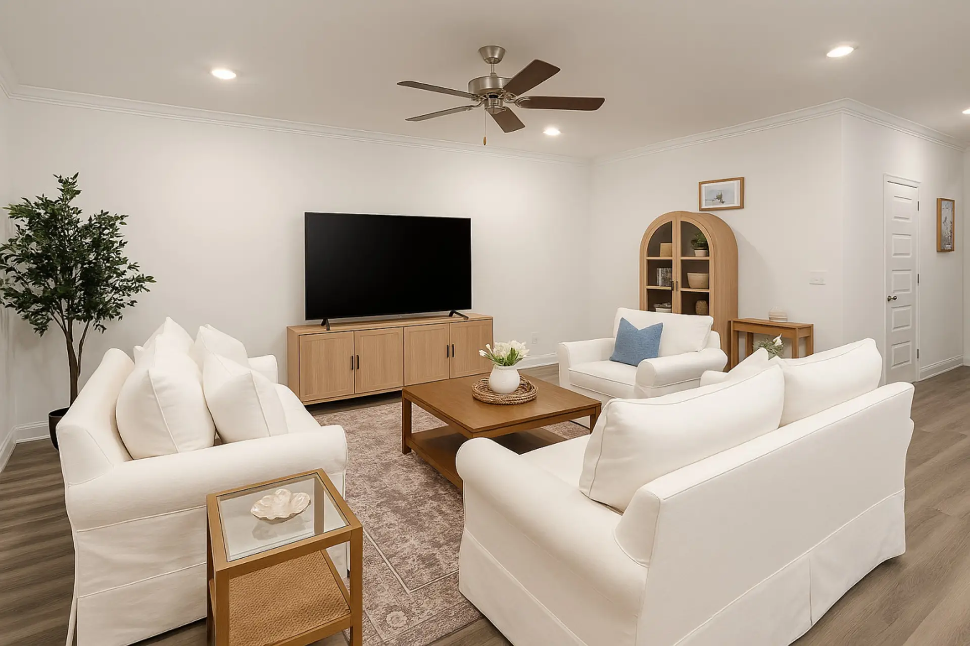 Bright coastal living room with white sofas
