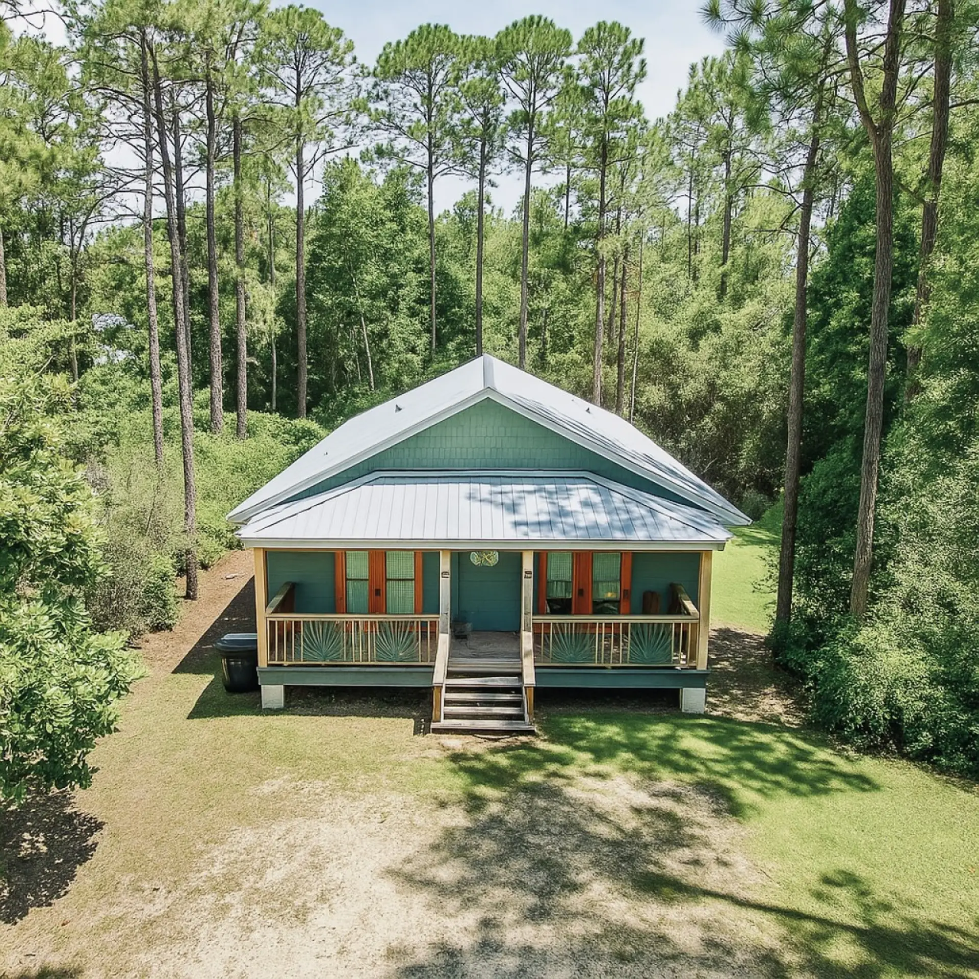 Teal coastal cottage nestled among the pines