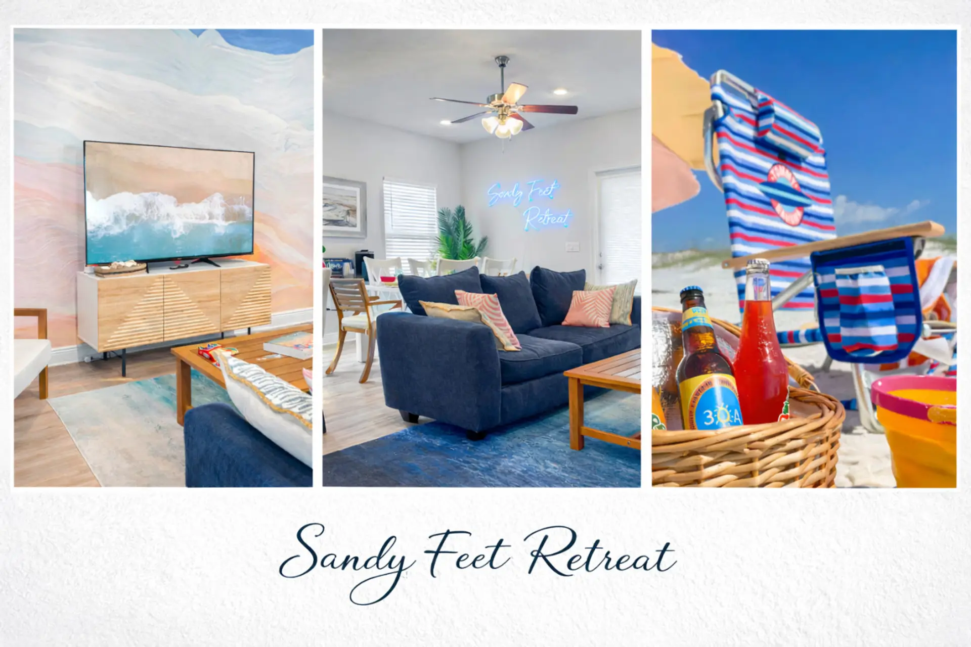 Sandy Feet Retreat collage with beach-day vibes