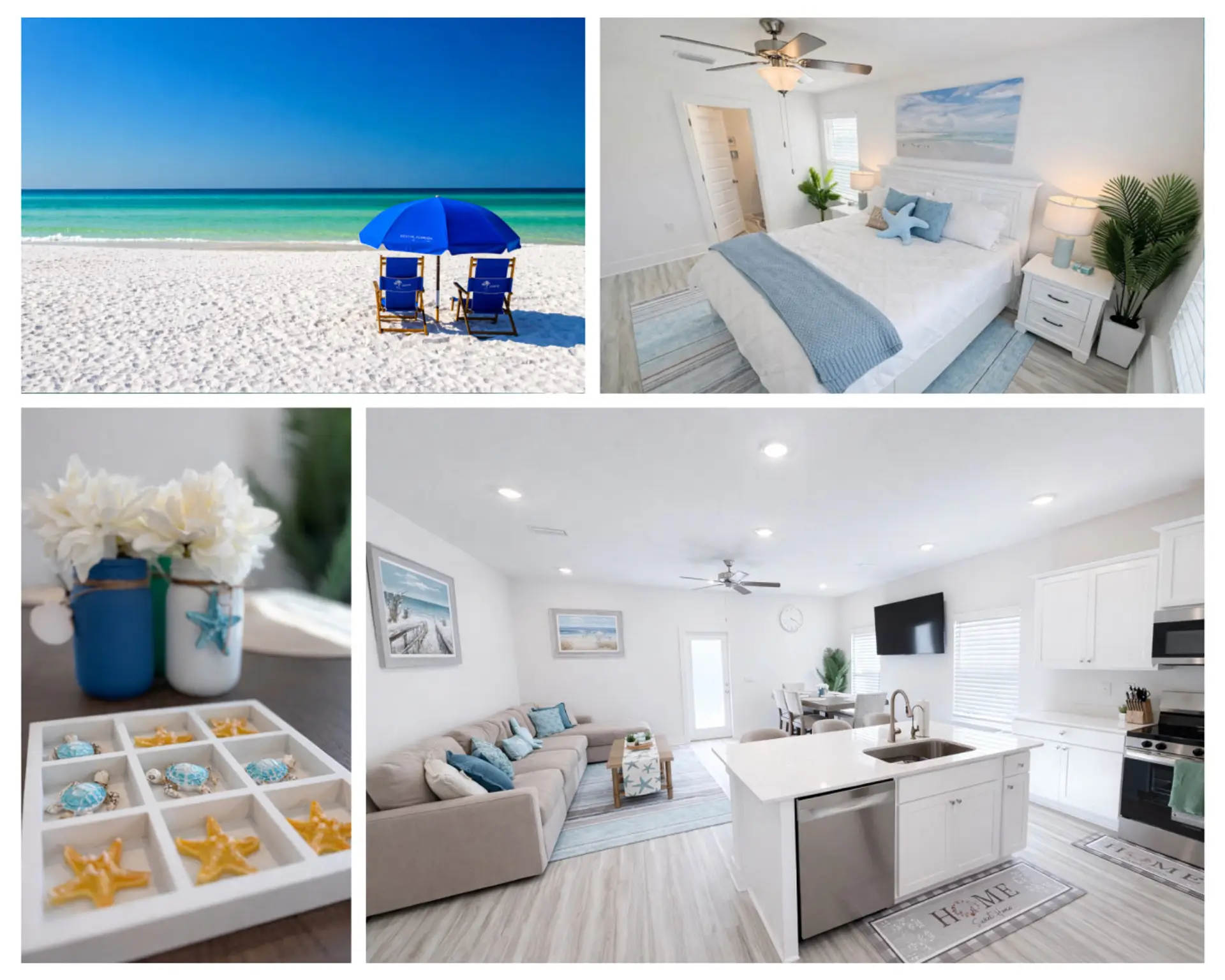 Coastal collage: beach chairs, bedroom, and open living