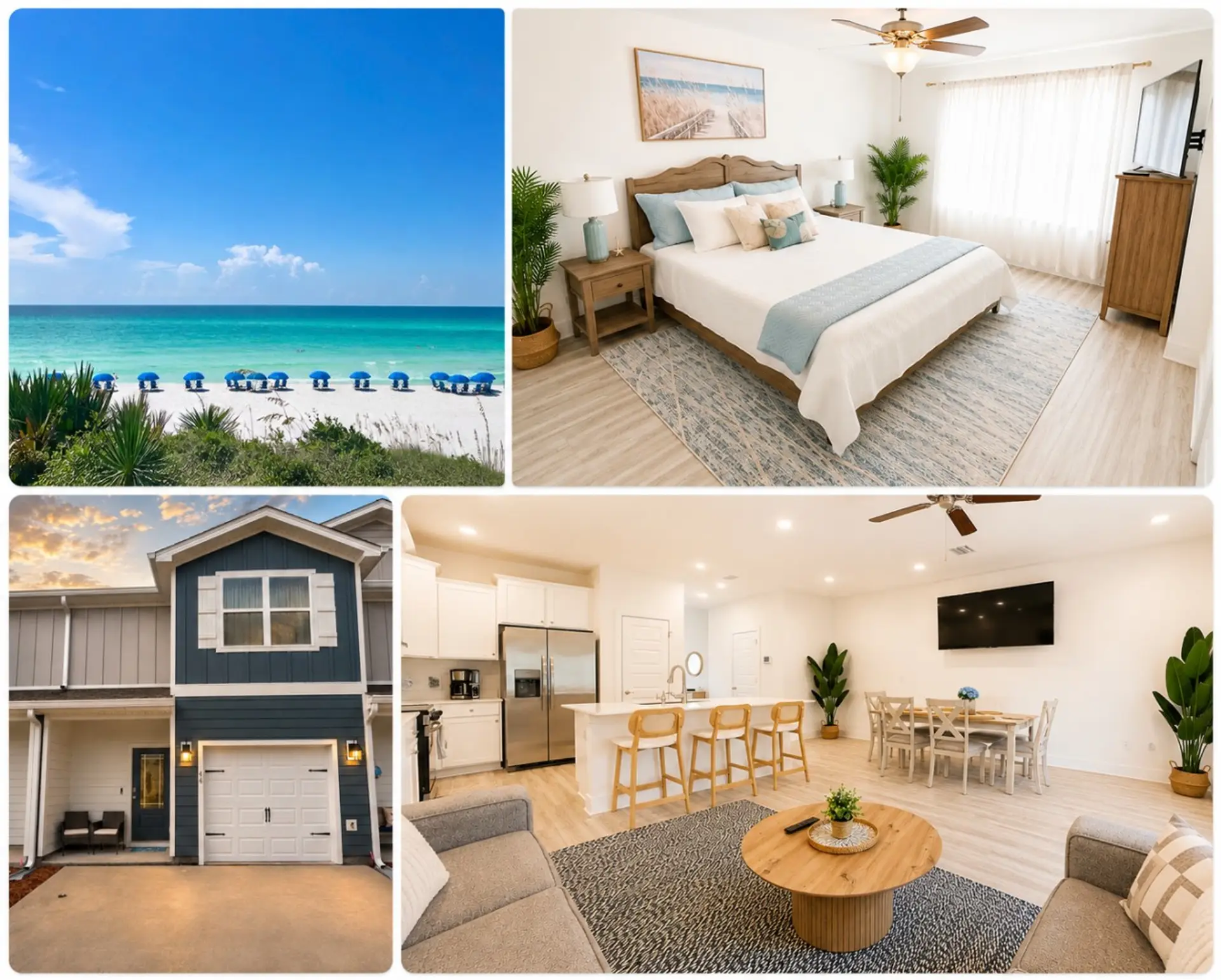 Beach, bedroom, townhome exterior, and open living collage