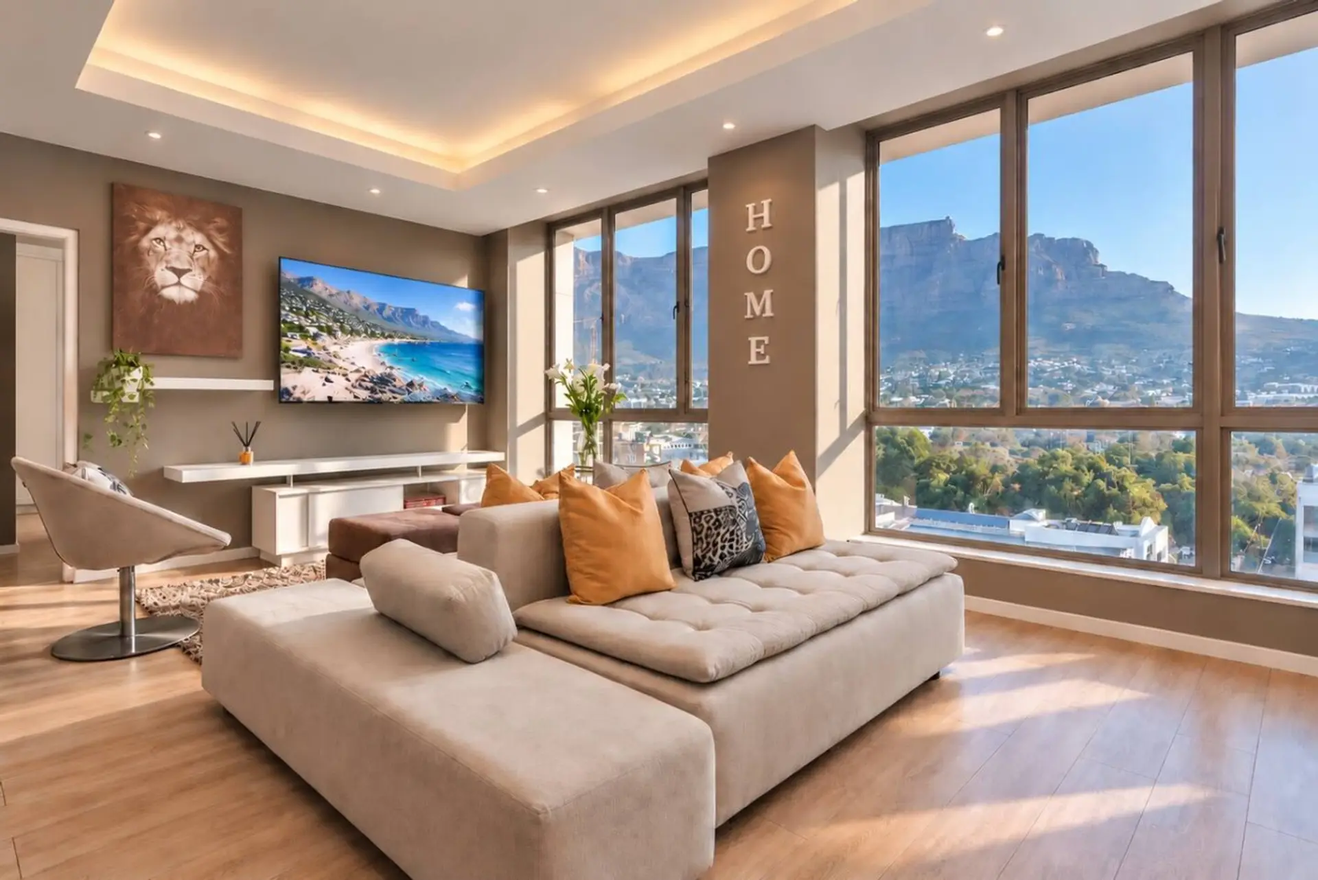 Panoramic Lounge: Expansive windows showcase a spectacular Table Mountain backdrop, while a plush sectional and media area create a relaxing setting surrounded by natural light and city scenery.