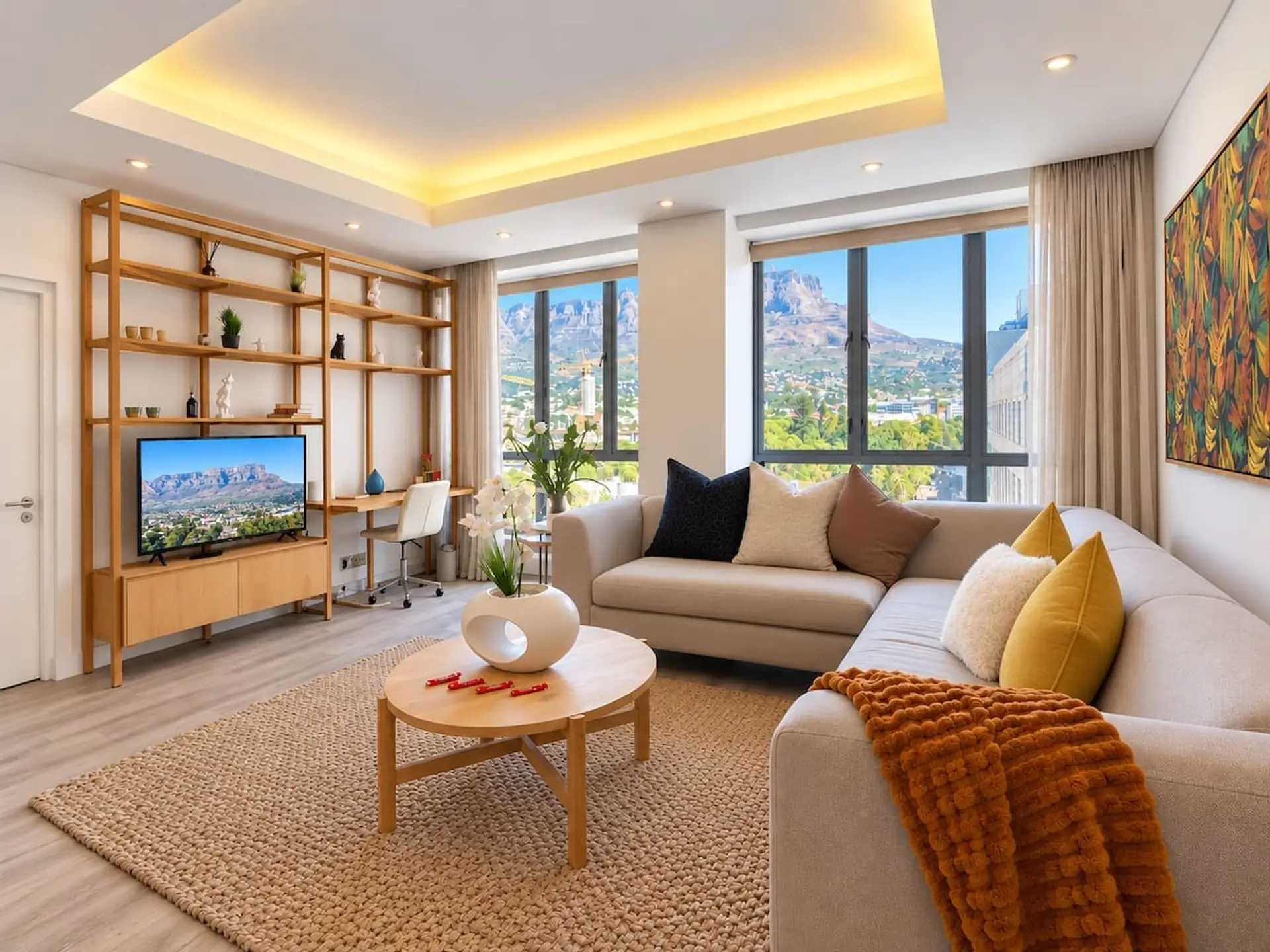 Panoramic Lounge: Floor-to-ceiling-style windows frame spectacular Table Mountain and city views, while a plush sectional, elegant timber furnishings, entertainment area and dedicated workspace create an inviting retreat.