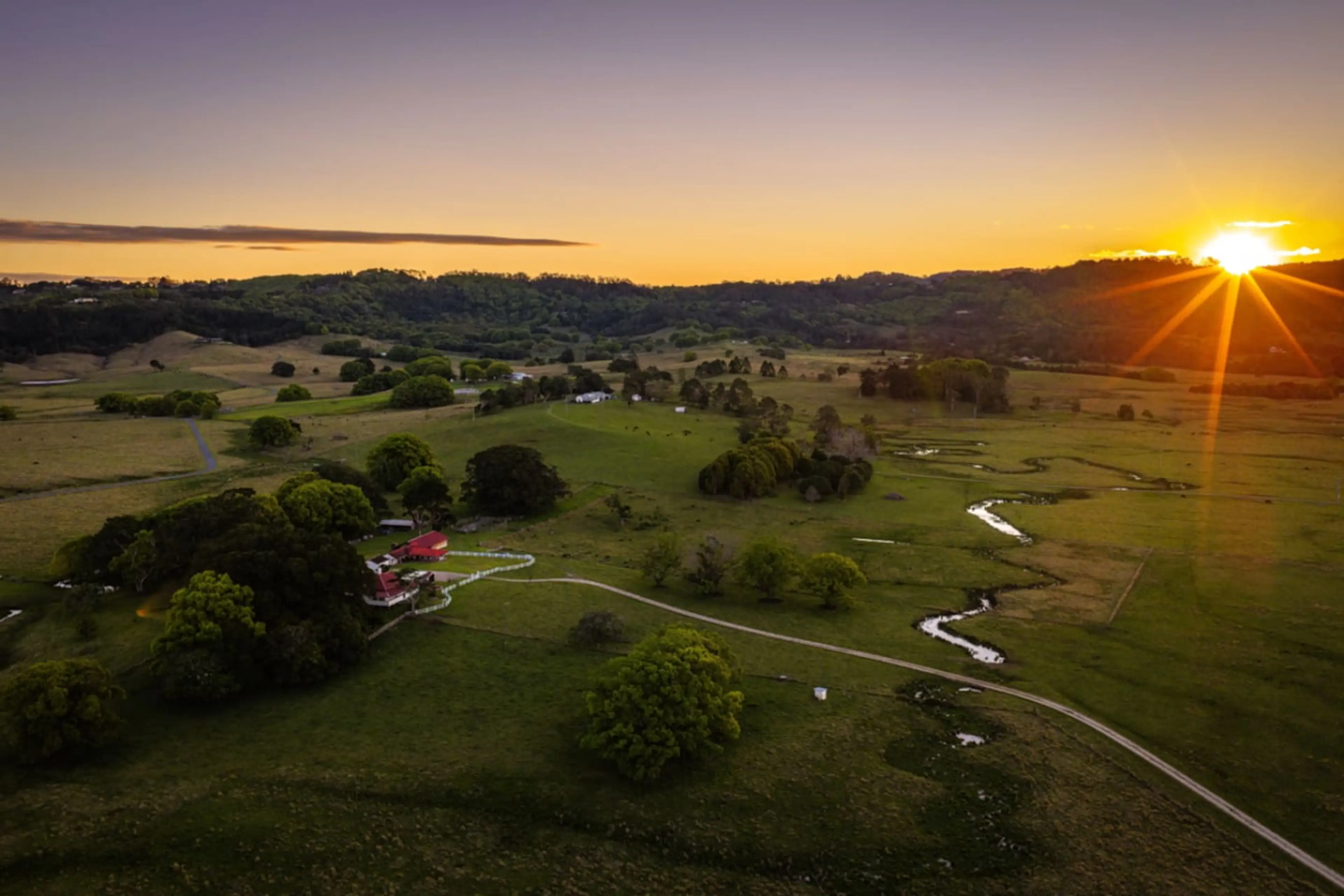 Morning light over Myocum Farmstead’s 100-acre landscape.