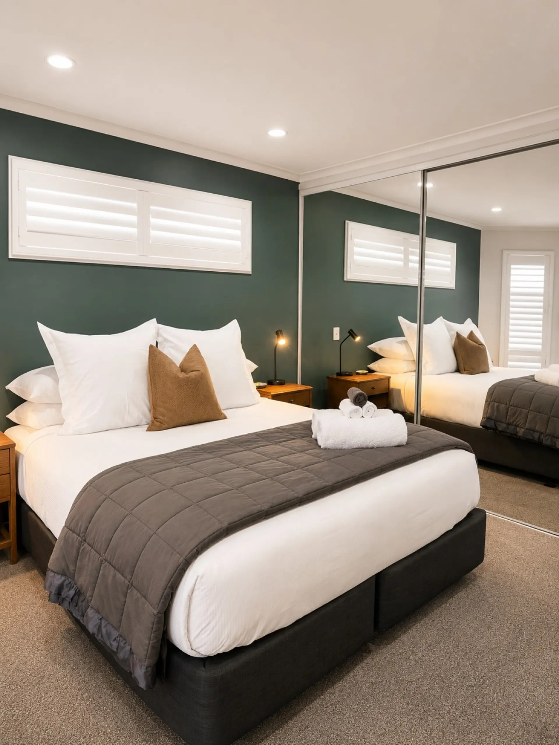 The master bedroom with king bed offers east coast views. Fresh hotel-quality linen is provided, with beds made up on arrival, including four pillows and two euro pillows. The ensuite features a shower and toilet for convenience and privacy.