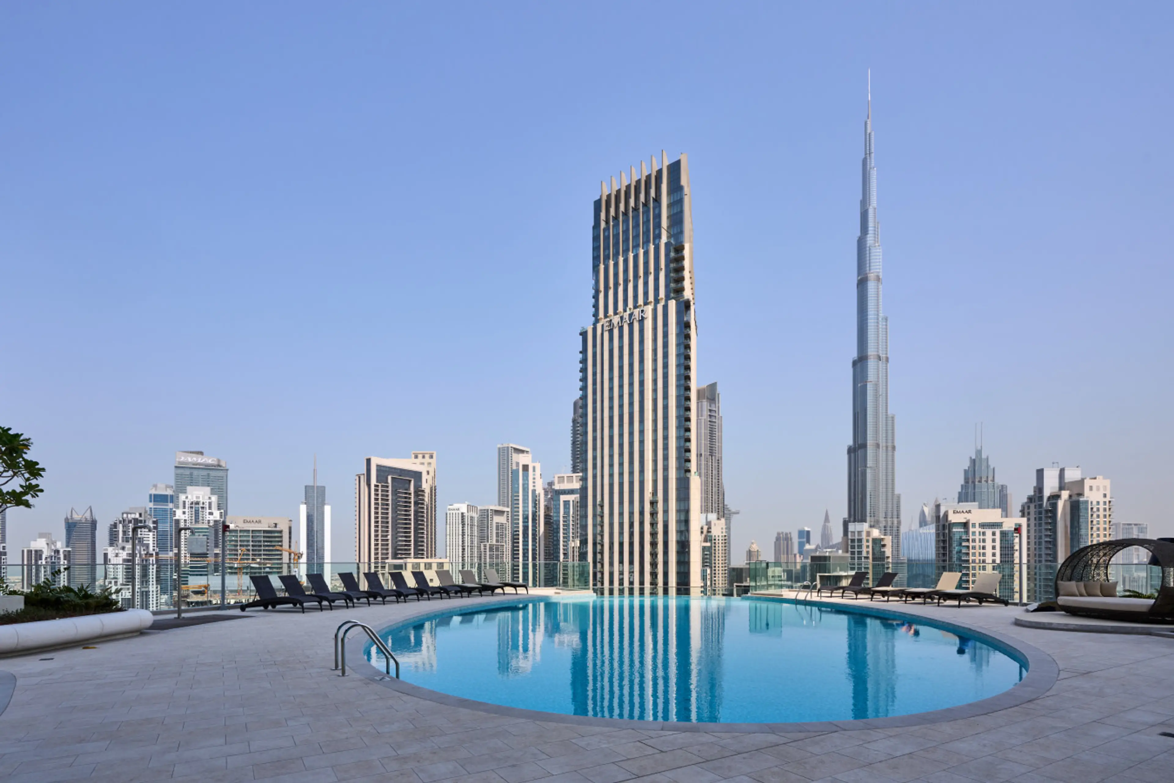 An unforgettable poolside view of Downtown Dubai and the iconic Burj Khalifa, perfect for a peaceful swim or sunset unwind.