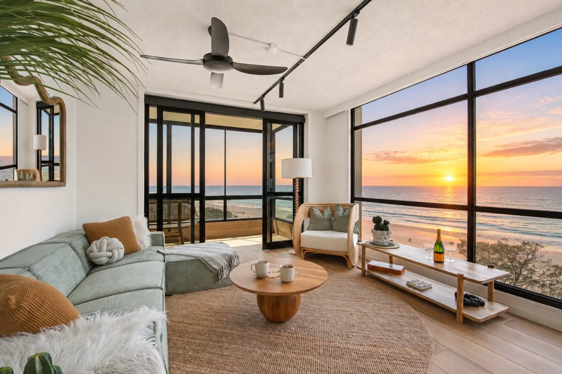 Loungeroom sunrise with coffees