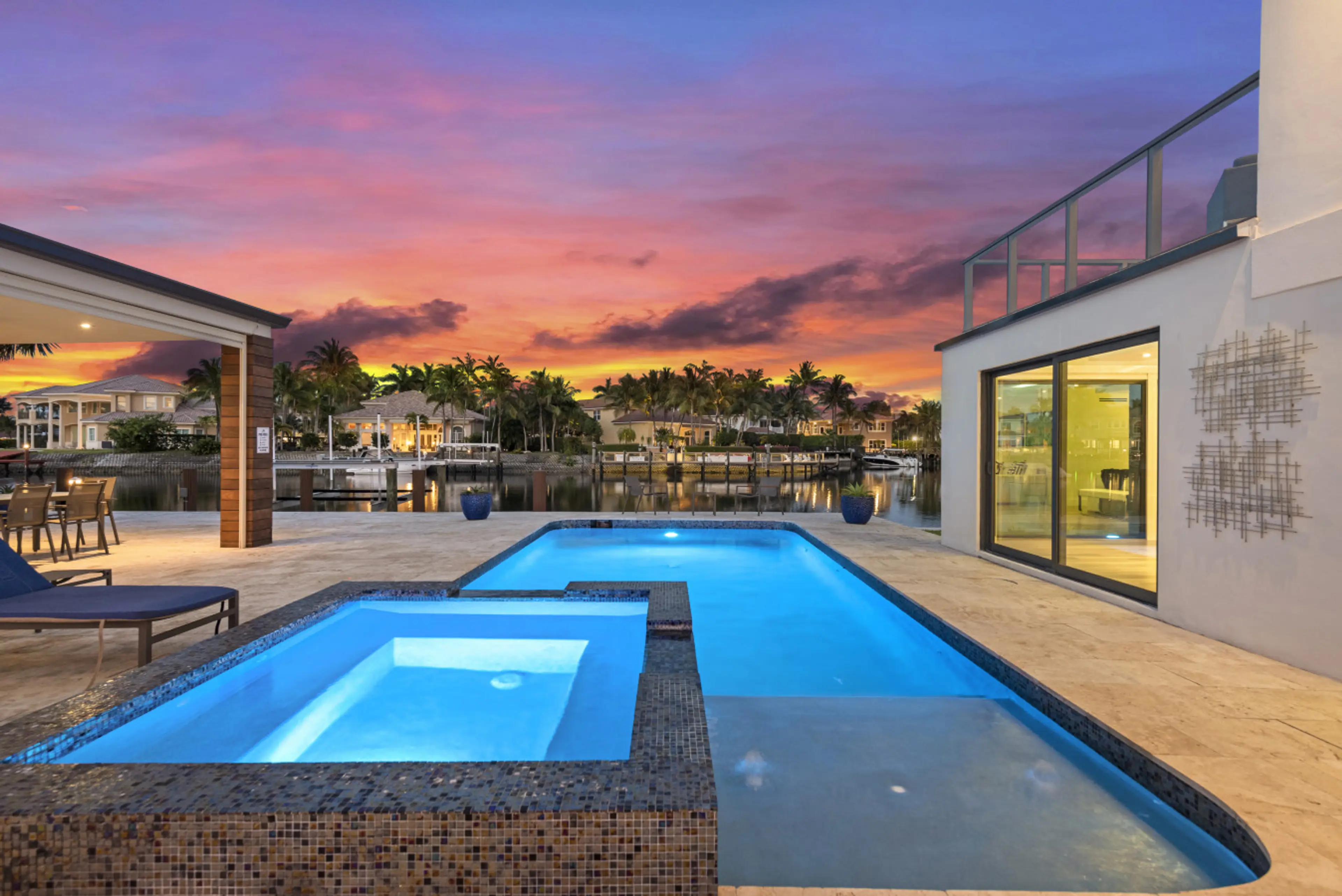 Sunset pool and hot tub oasis ideal for relaxing and watching the sky change colors