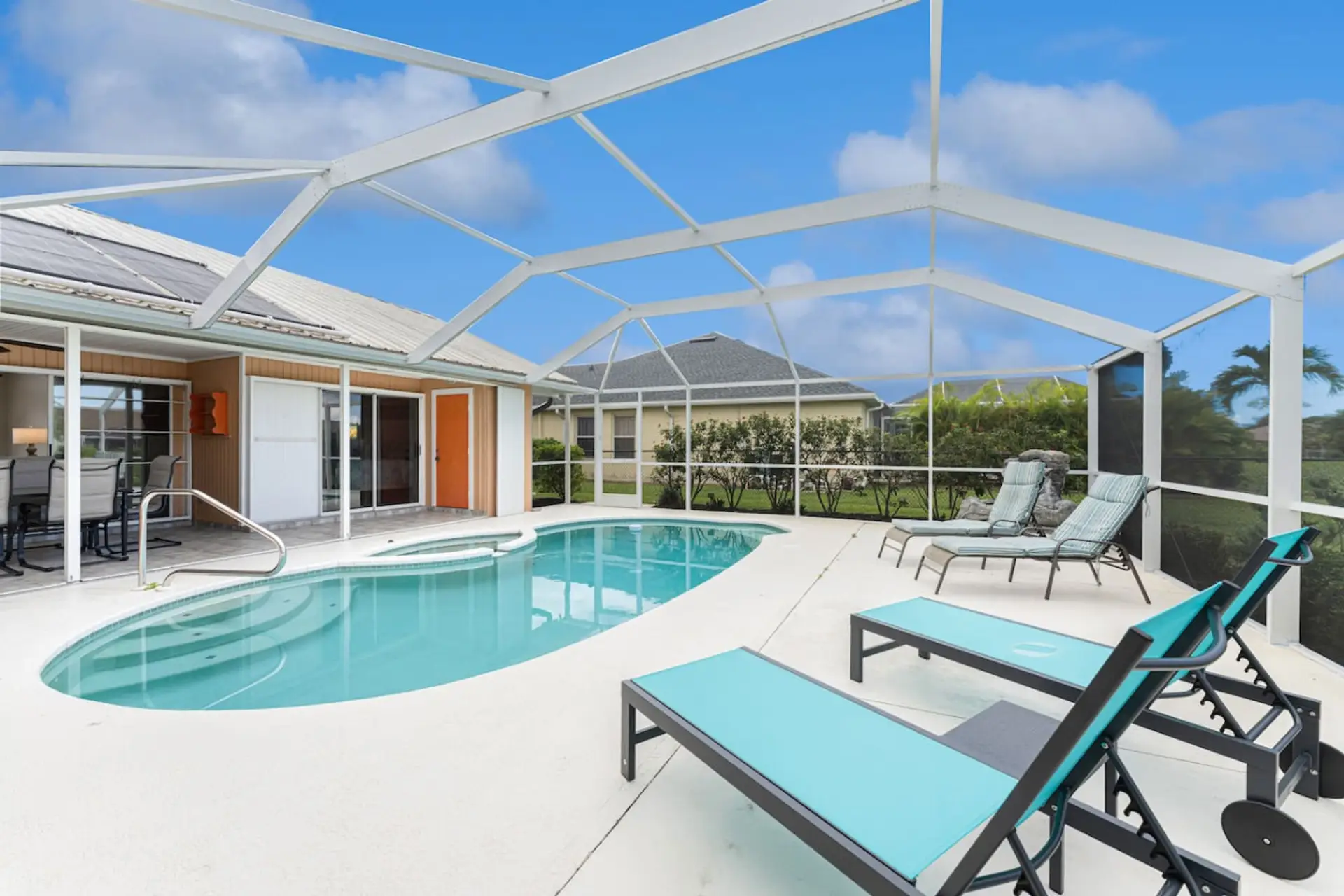 Pool Area has Sun Loungers for the Pool Deck and Floating Ones for the