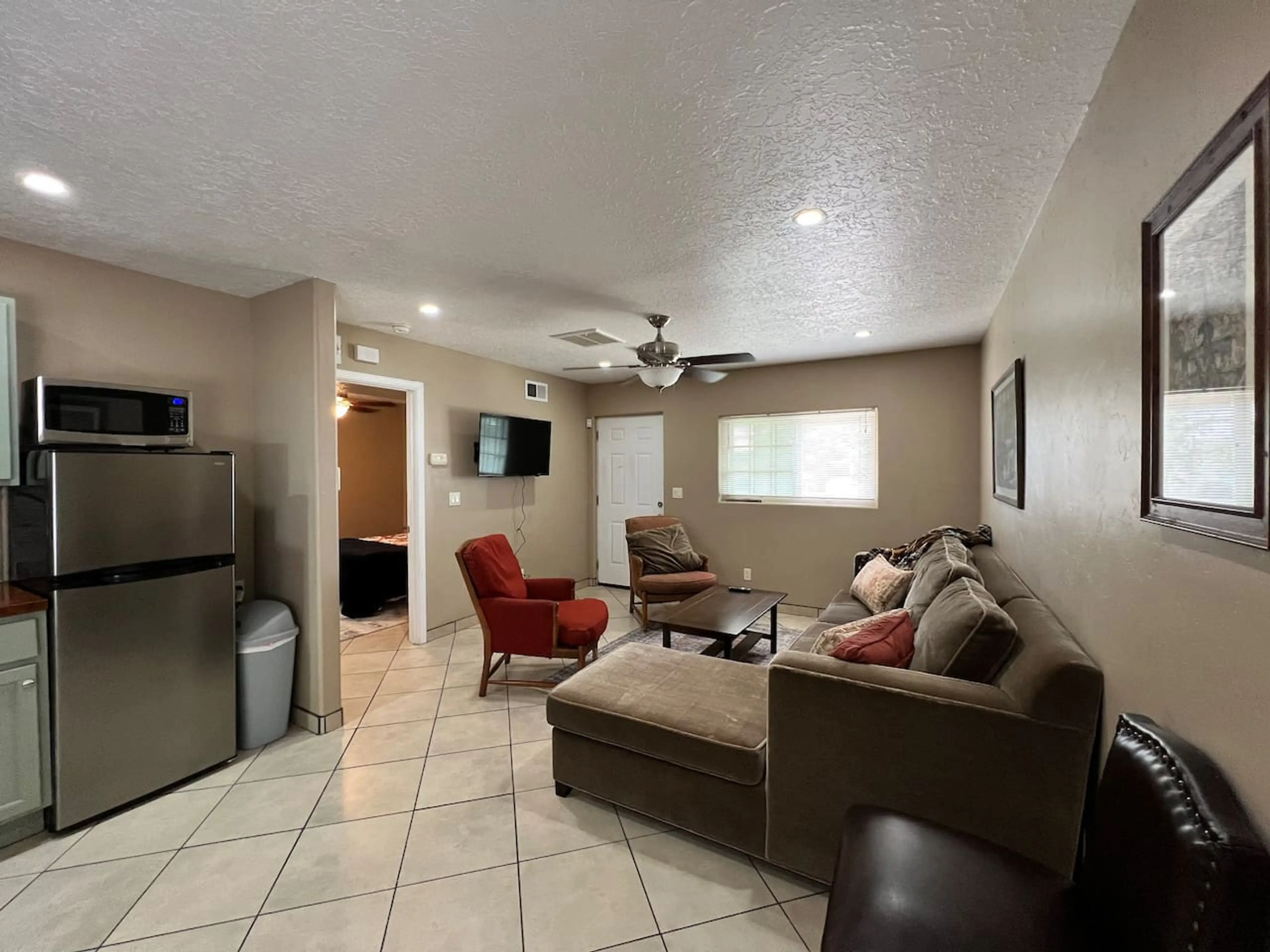 Kitchen and Living Room Combined - Seating Area, TV, Trash Bin, Fridge and Microwave
