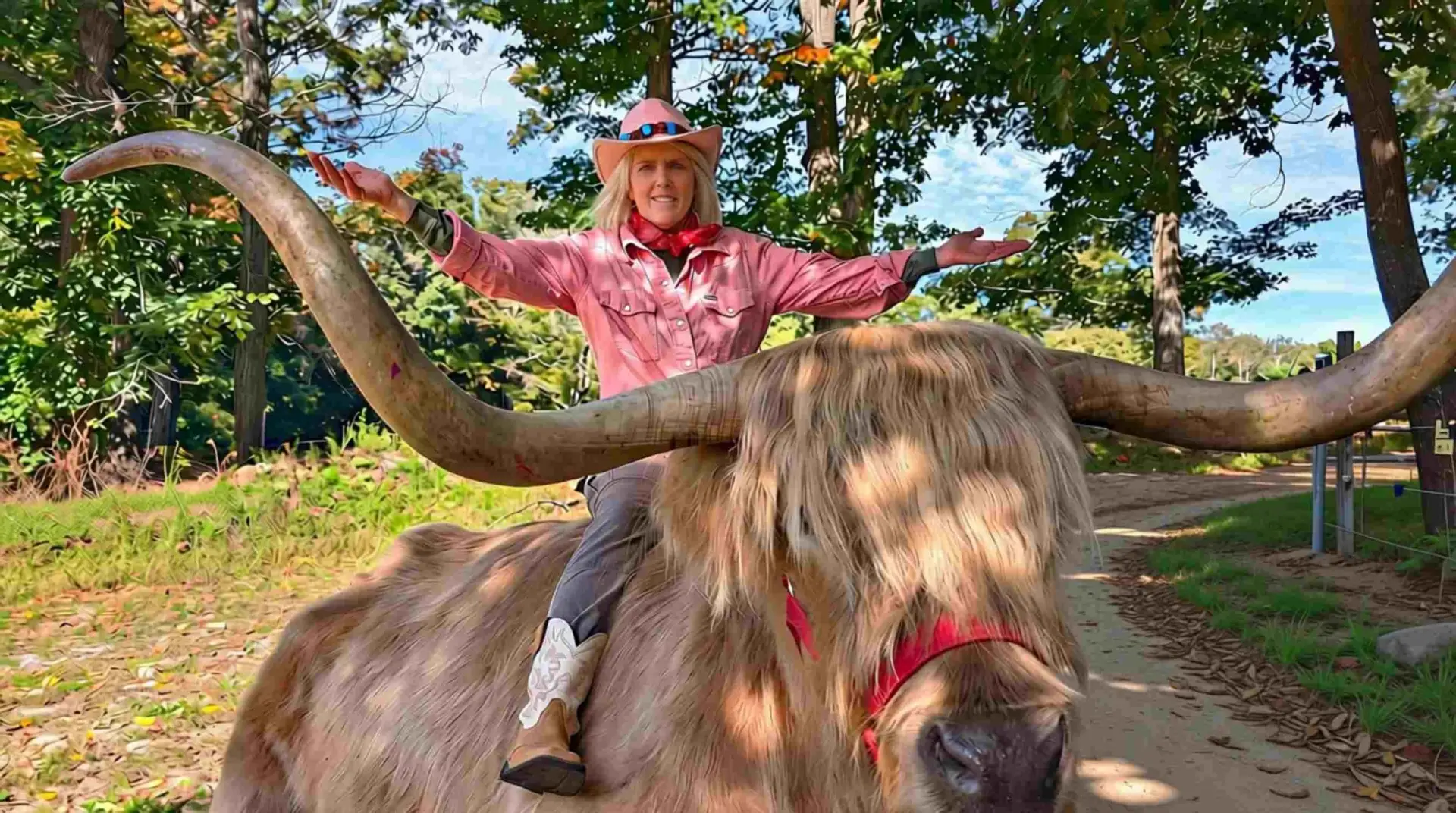 Owner Cow Coach Carole sits on a Highland Steer