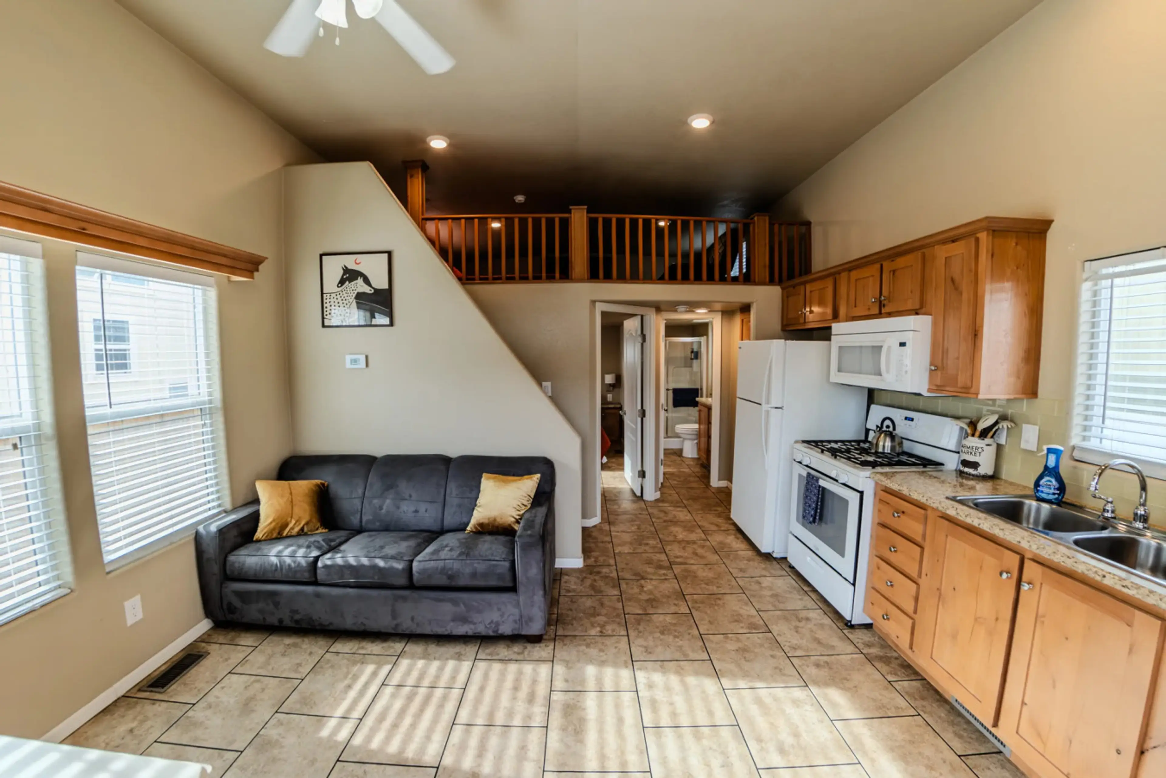 Cozy living space and kitchen