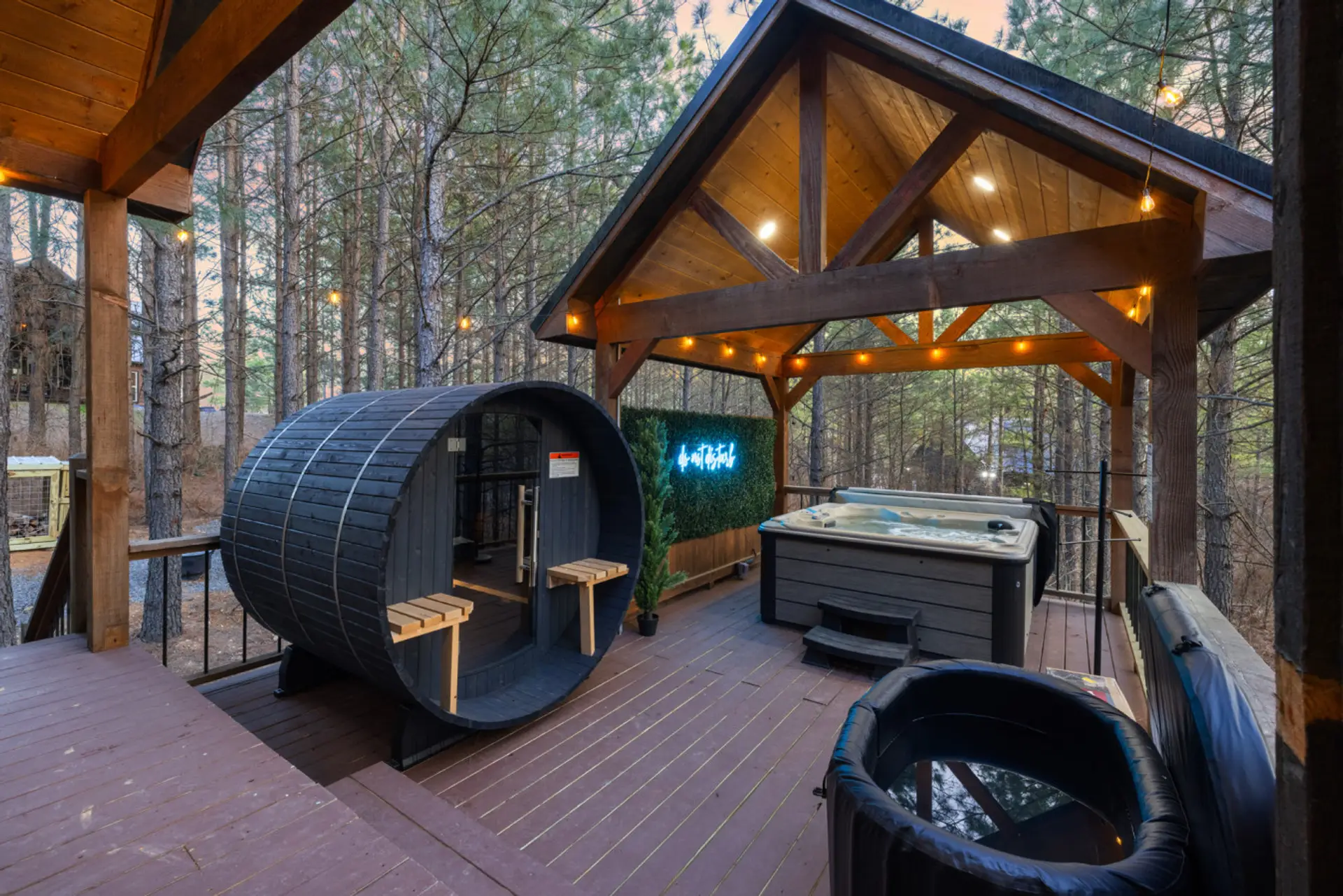 End the day in your outdoor wellness zone: barrel sauna + hot tub under a lit pavilion, wrapped by tall trees and quiet. You’ll step out warm, relaxed, and already planning the return. ​  Storytelling strategy: I built a “treat → ritual → reward” arc: fir