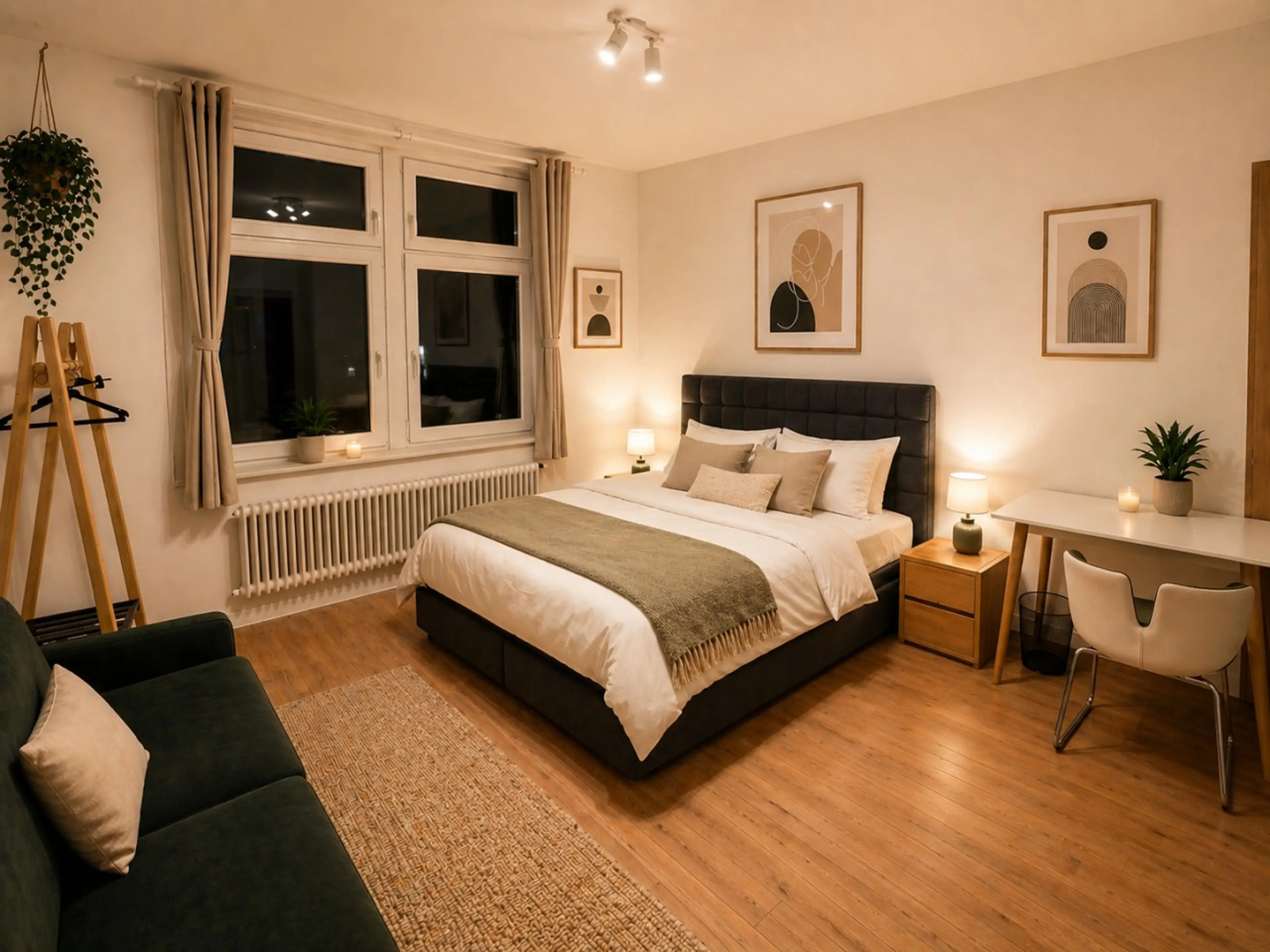 A spacious bedroom featuring plush bedding, a dedicated workspace, and a relaxing atmosphere.