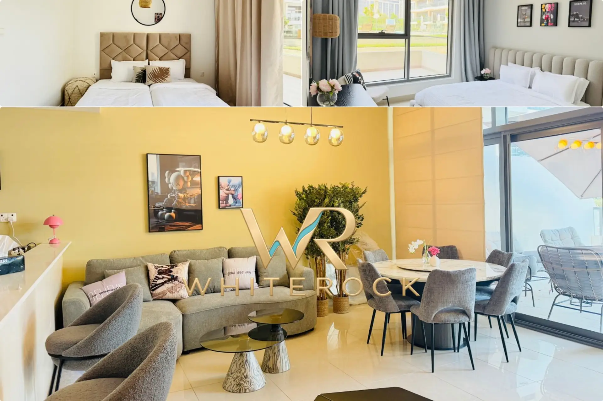 Sunny open-plan living and dining space with a peek at the twin sleeping space.
