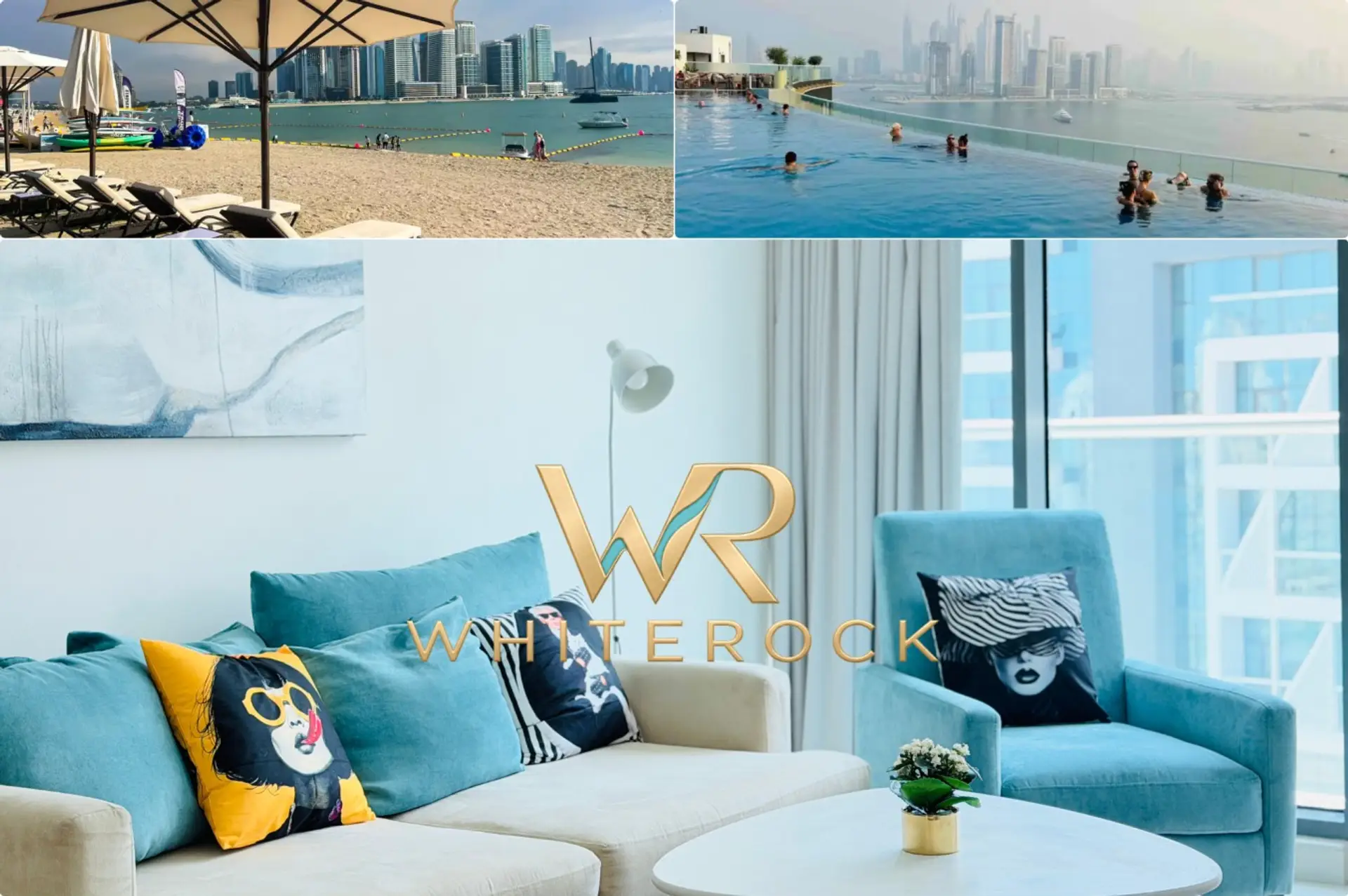 Sleek living space with a peek at the beach and the rooftop pool.