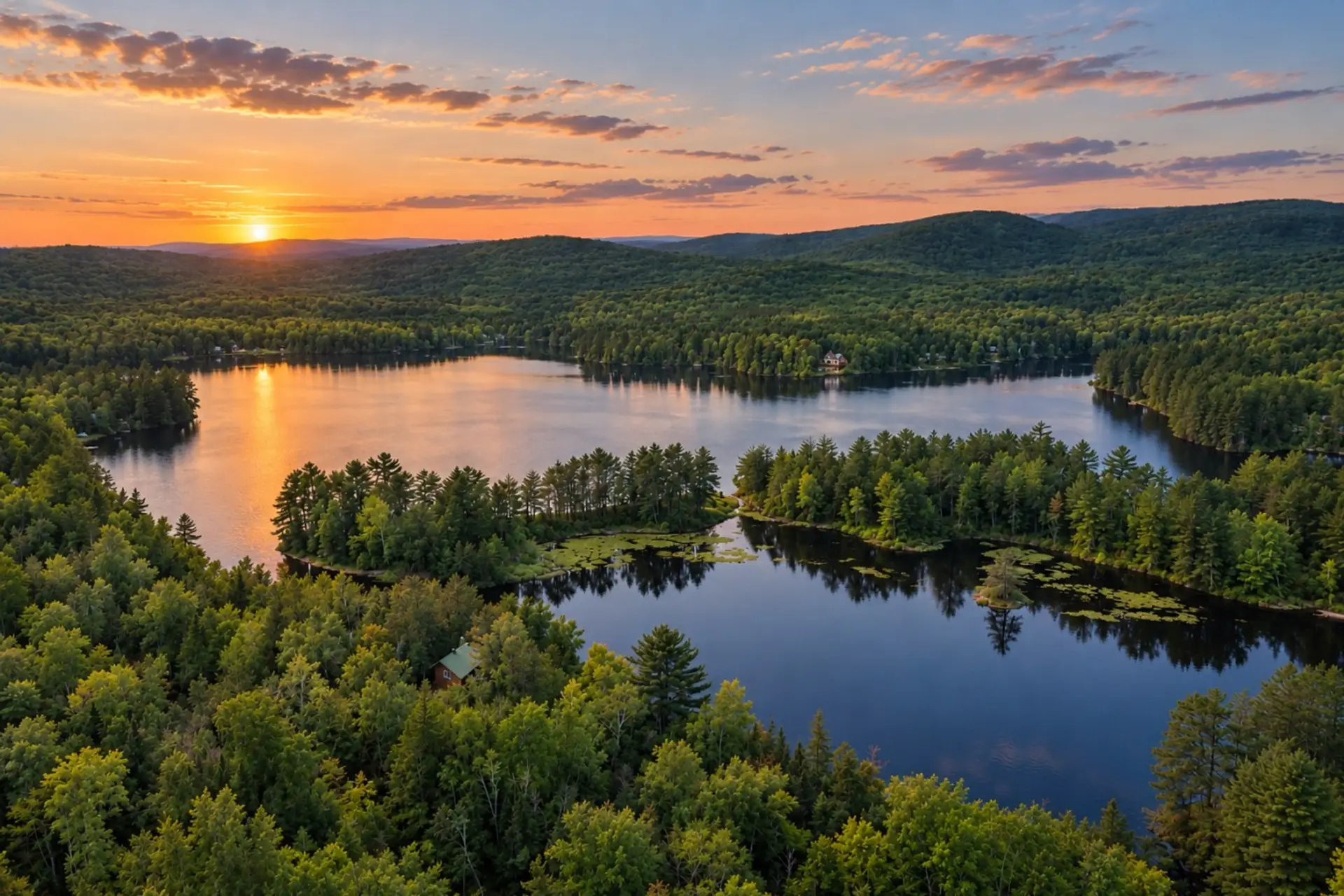Lac forestier au coucher du soleil