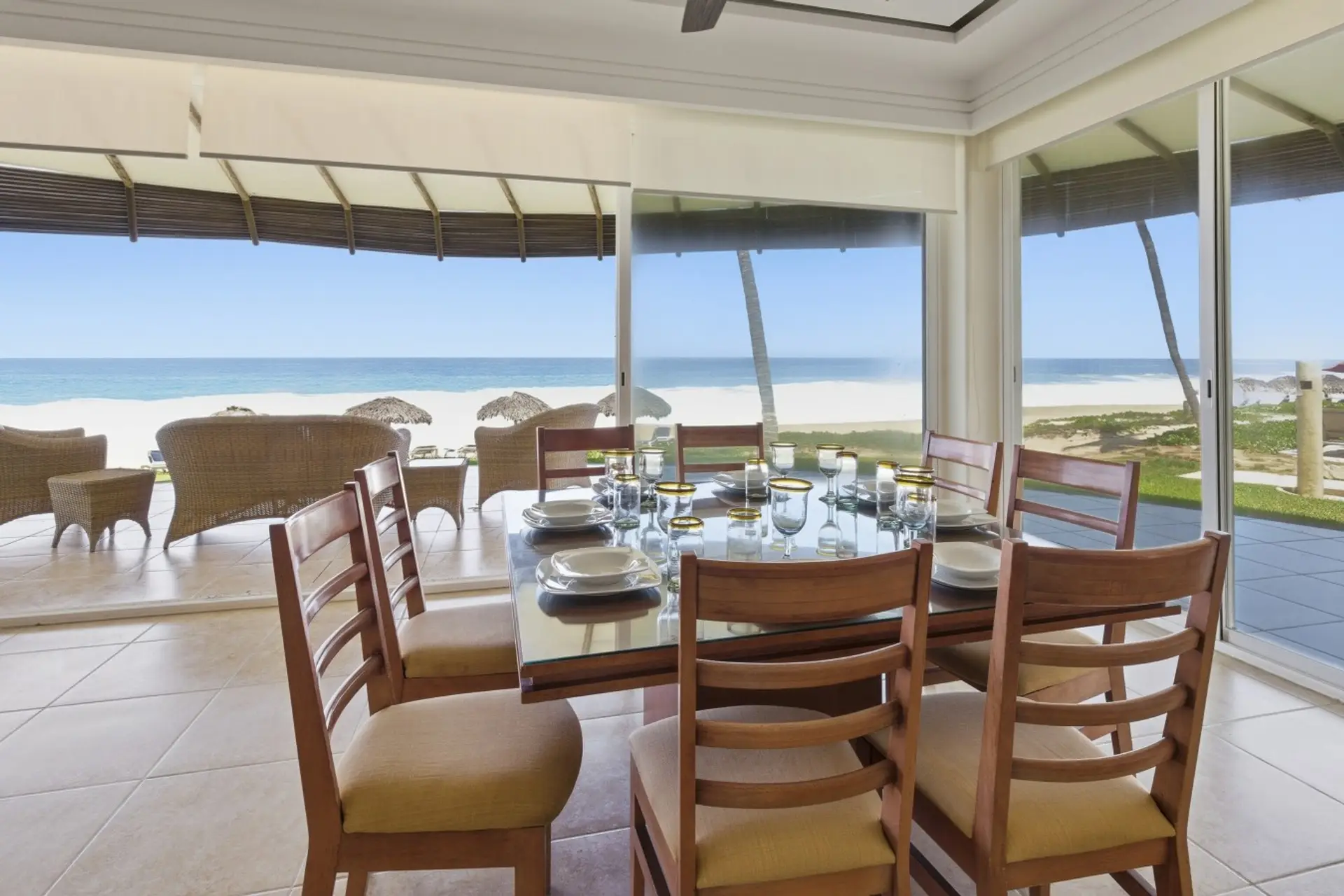 Oceanfront dining area with panoramic Pacific Ocean views