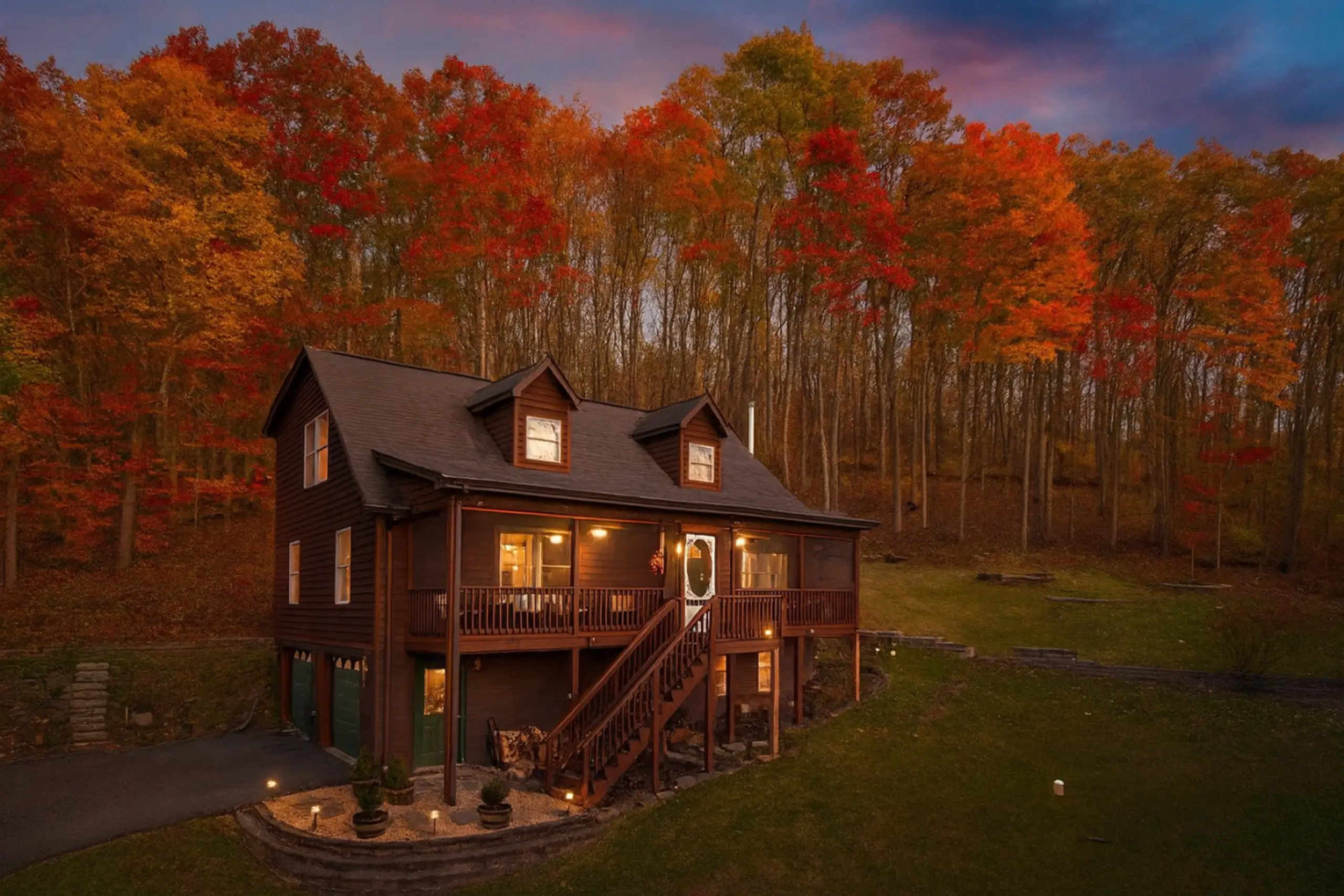 Delicious Cabin exterior at dusk