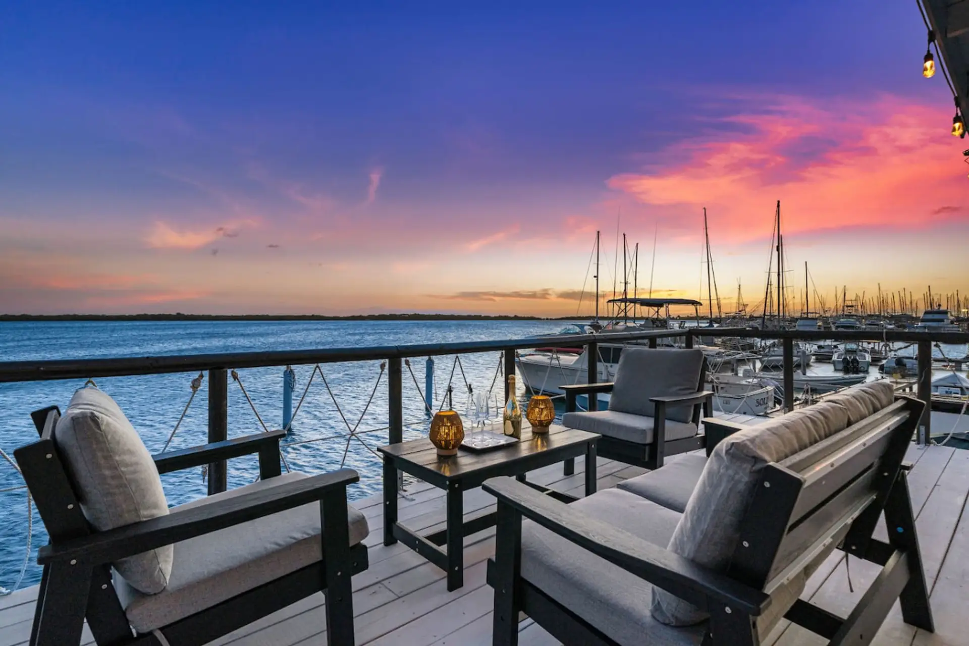 Sunset patio with marina and ocean seating