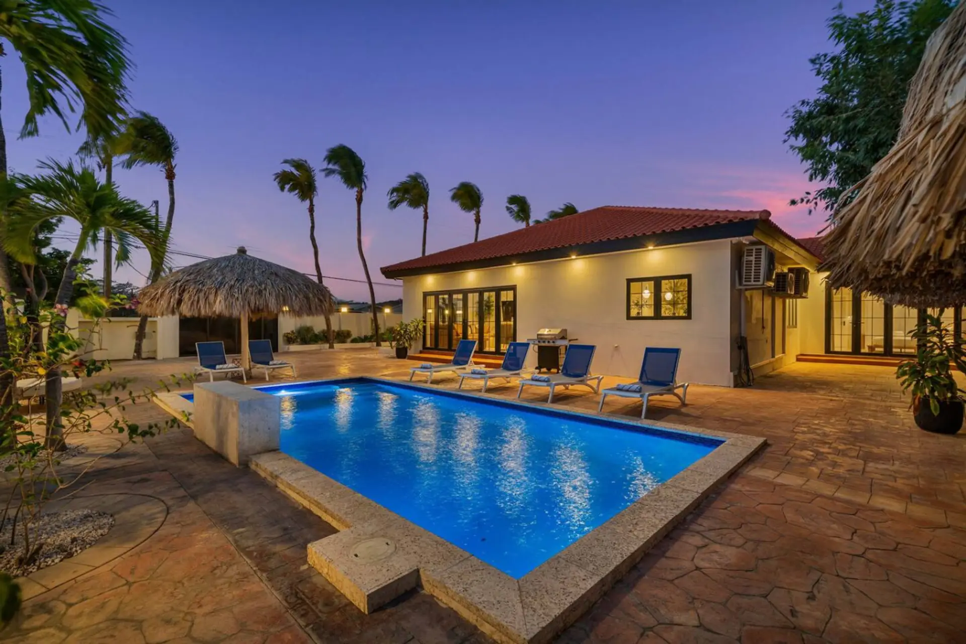 Private pool at sunset, perfect for relaxing Aruba evenings