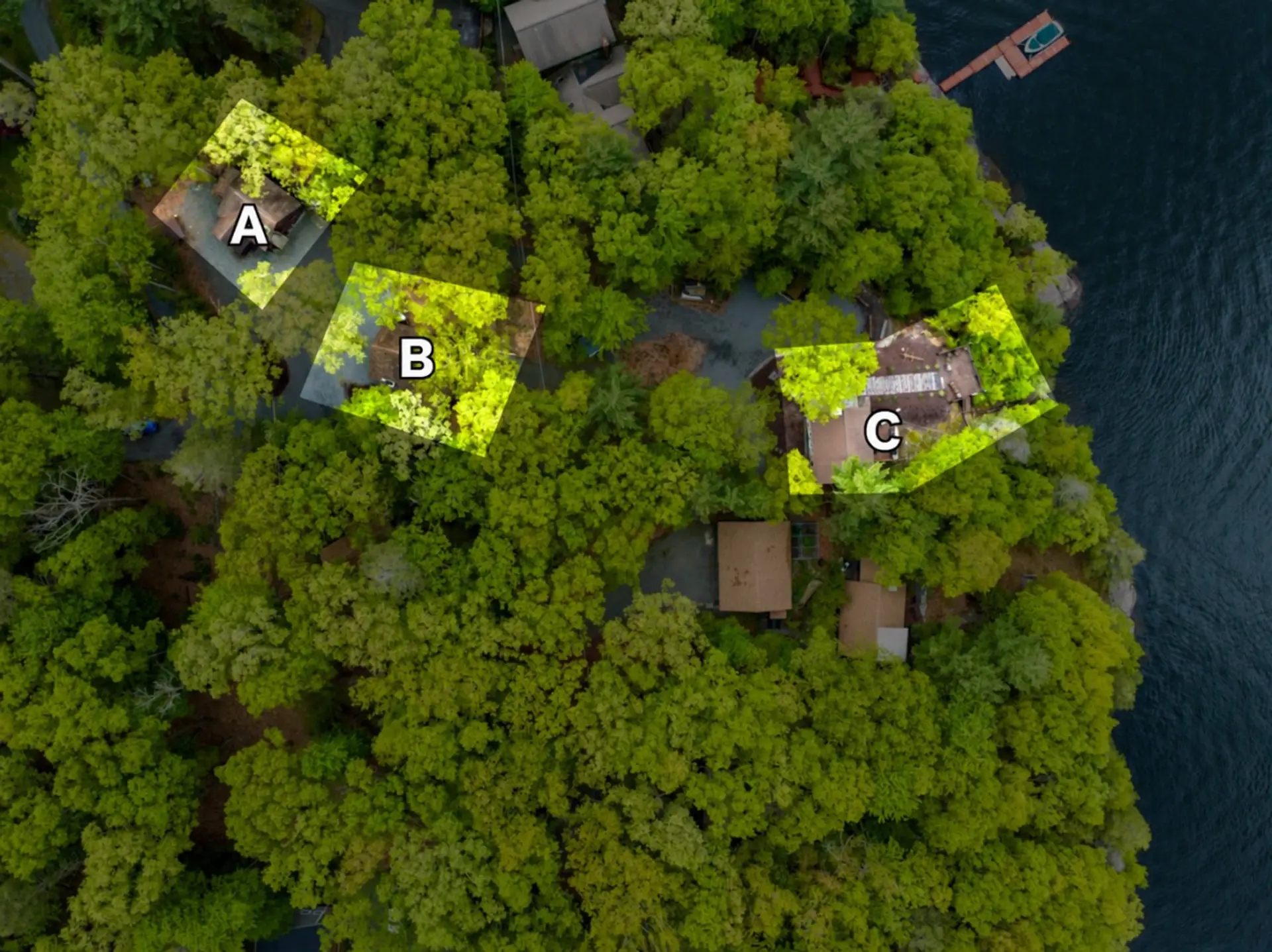 Aerial view of three labeled homes (1)